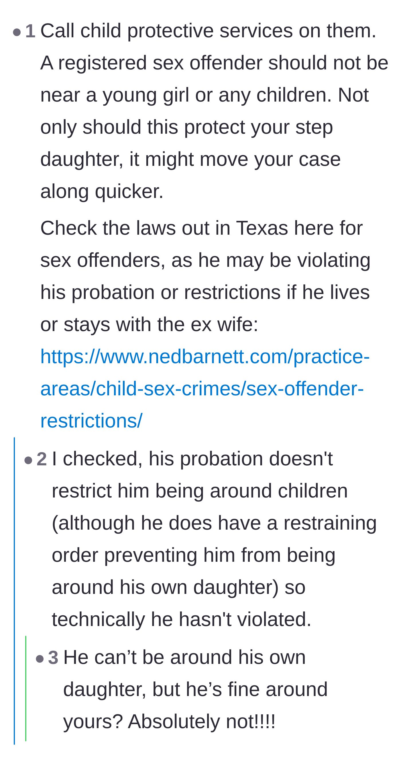 Comment thread 5 - A discussion about calling CPS and checking sex offender laws, revealing the boyfriend can't see his own daughter but legally can be around the stepdaughter.