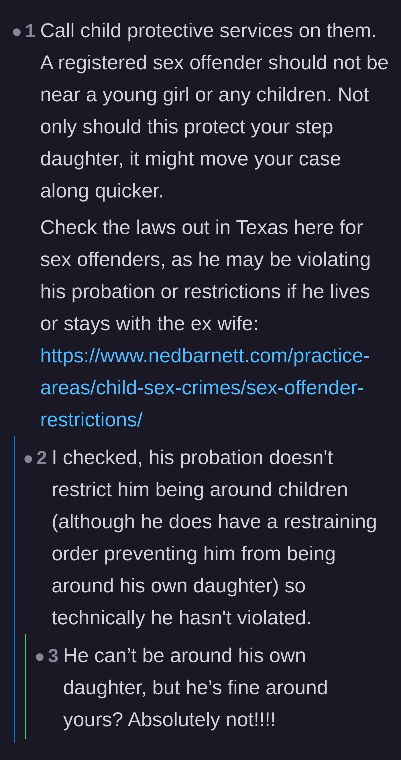 Comment thread 5 - A discussion about calling CPS and checking sex offender laws, revealing the boyfriend can't see his own daughter but legally can be around the stepdaughter.