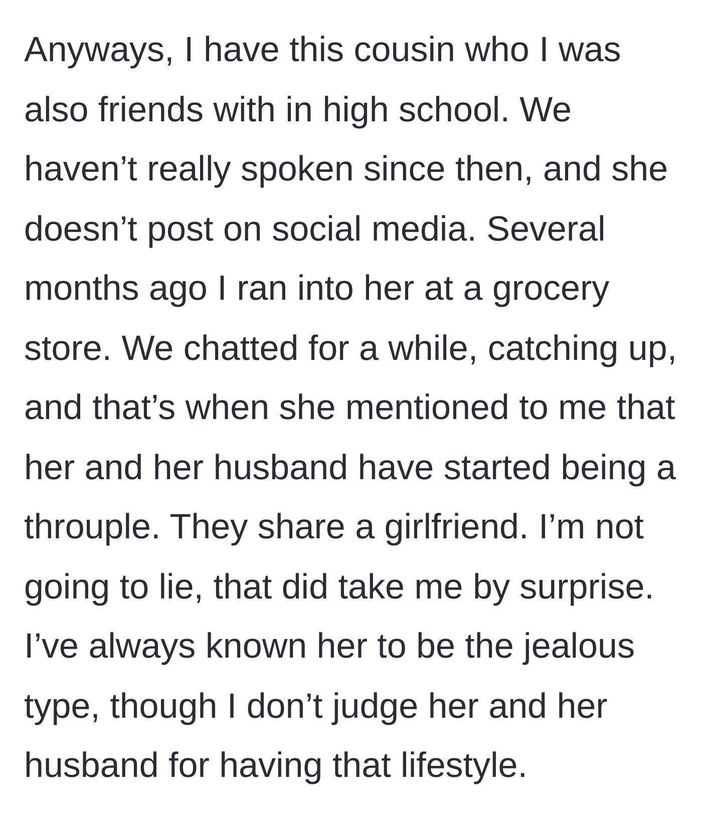 Story part 2 - Bride running into her cousin at the grocery store and learning about the throuple.