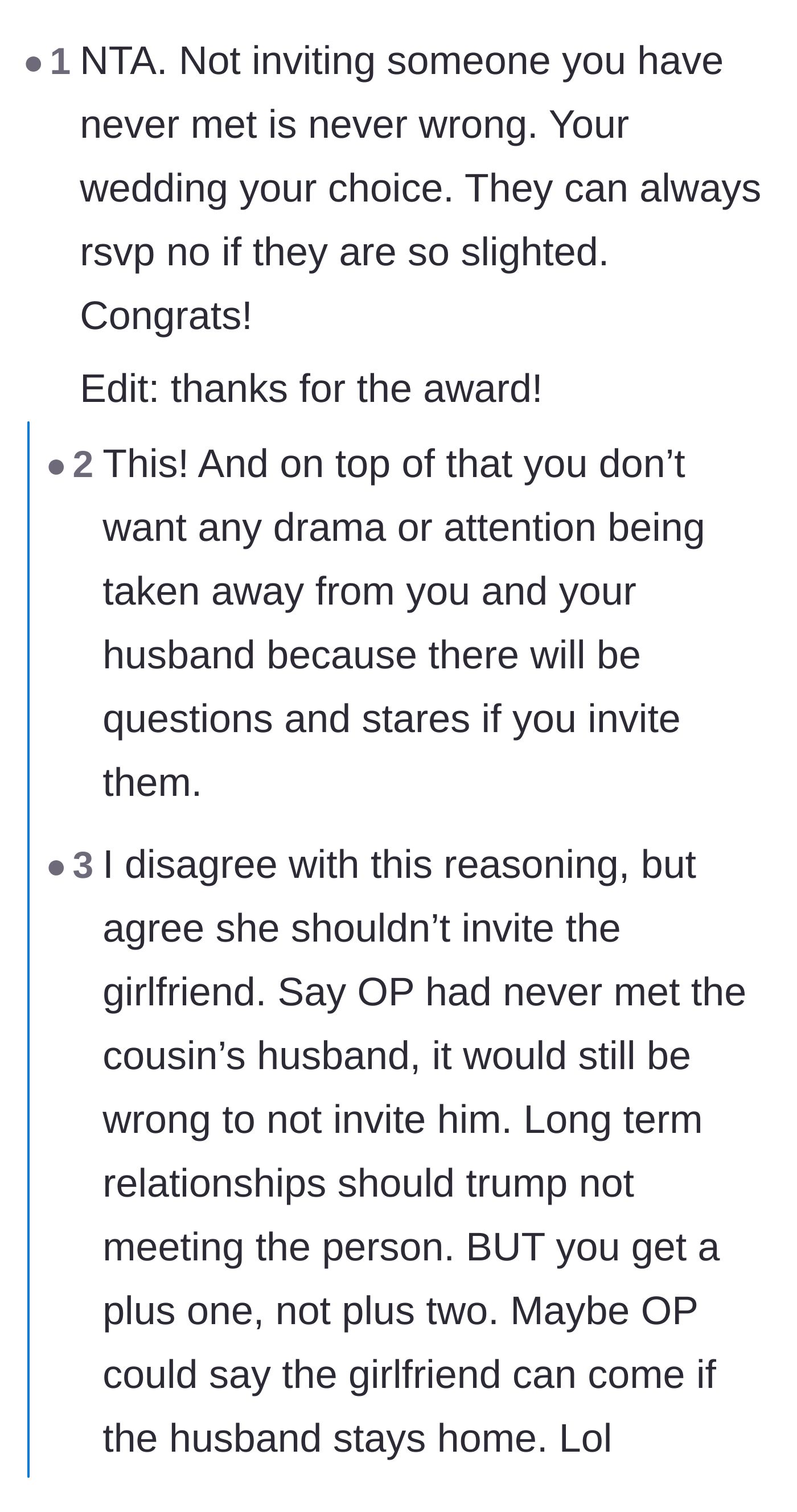 Comment thread 1 - Debating the basic right of the bride to control her guest list and avoid a spectacle.