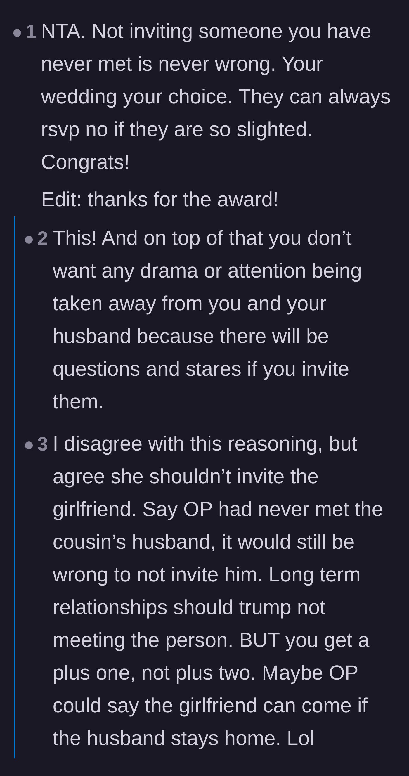 Comment thread 1 - Debating the basic right of the bride to control her guest list and avoid a spectacle.