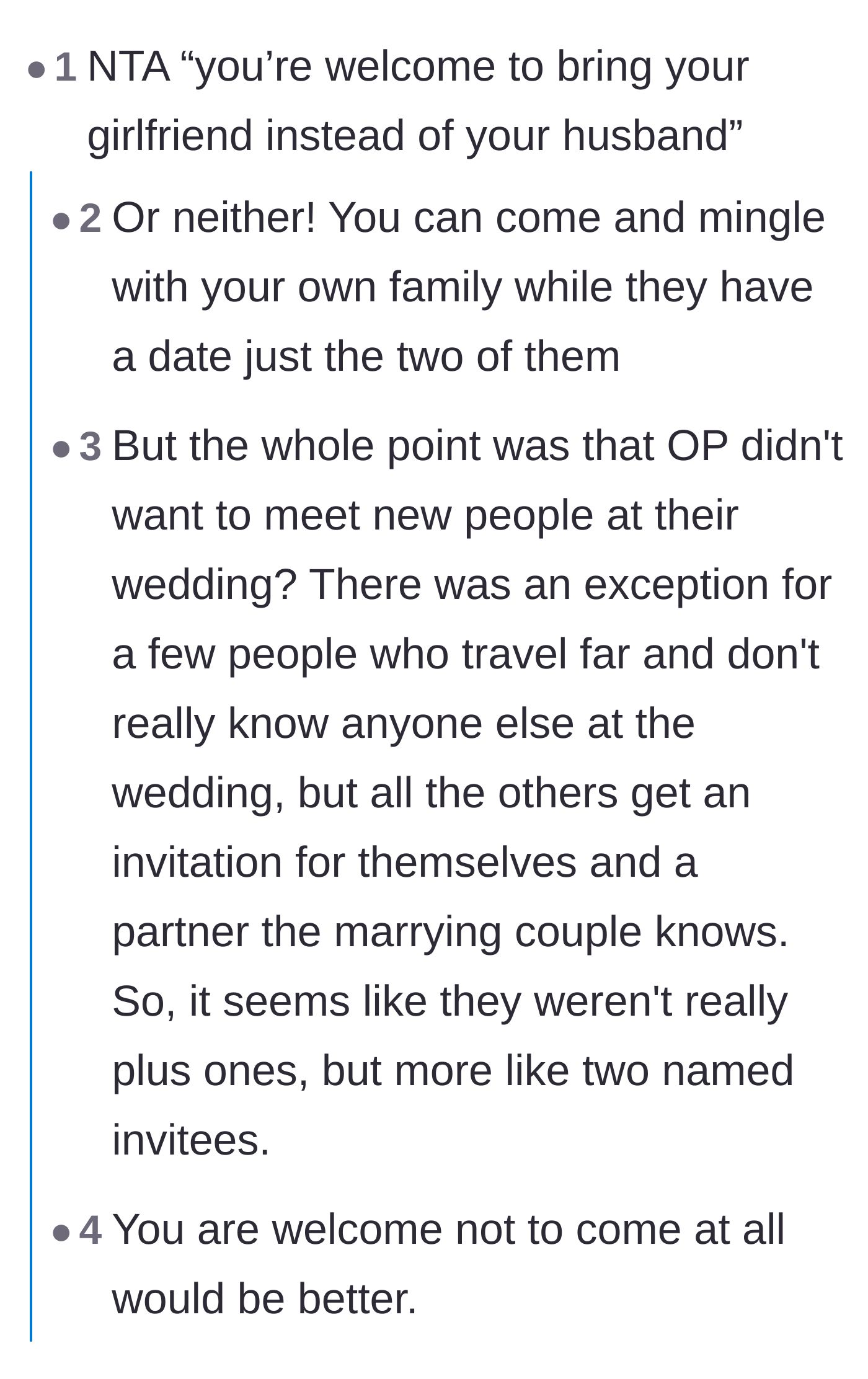 Comment thread 2 - Snarky suggestions to have the cousin leave the husband at home or just not attend at all.