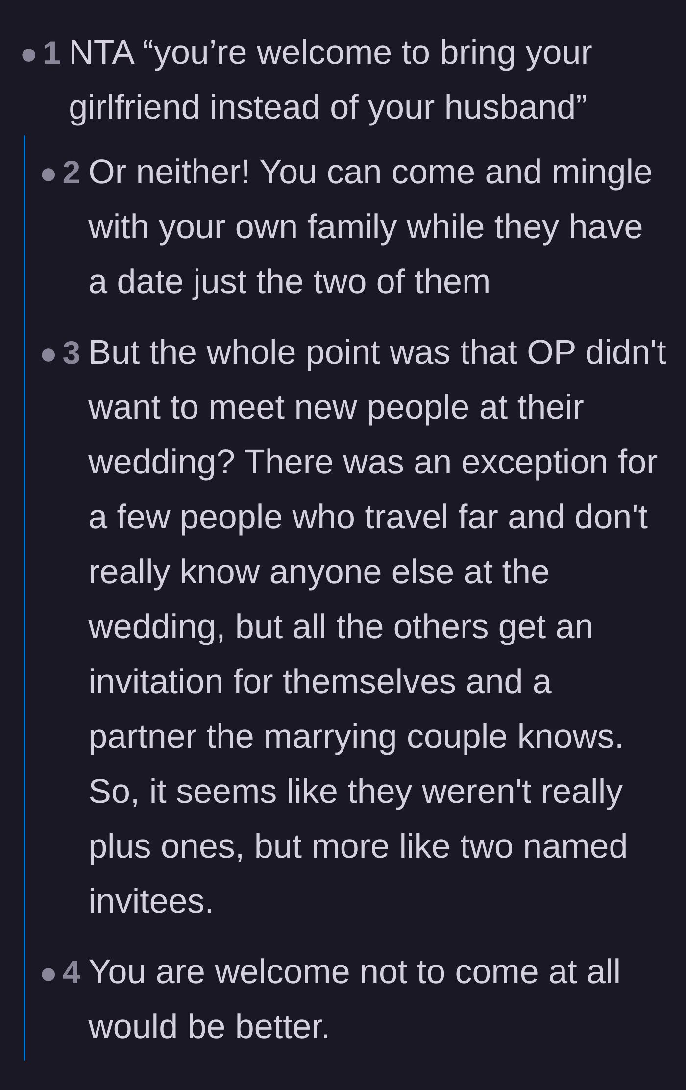 Comment thread 2 - Snarky suggestions to have the cousin leave the husband at home or just not attend at all.