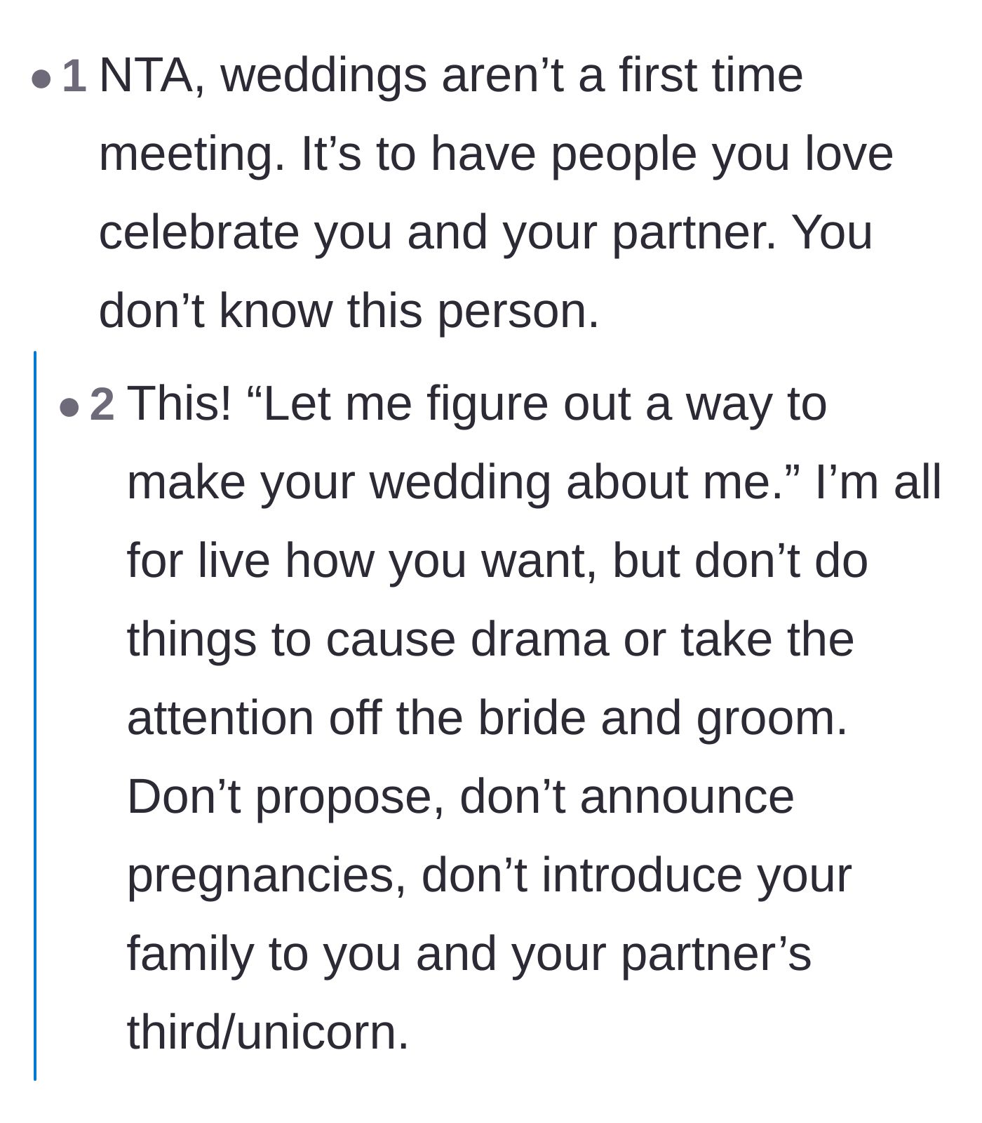 Comment thread 4 - Calling out the cousin for trying to steal the spotlight and debut her new relationship dynamic at the reception.