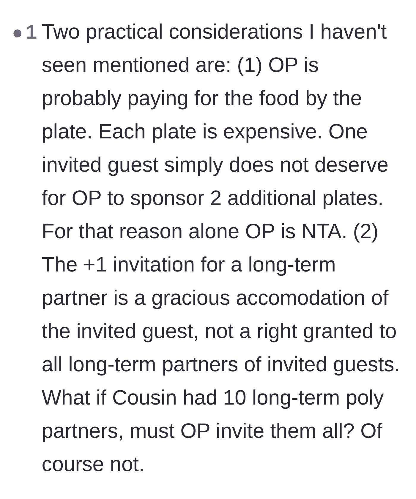 Comment thread 5 - Pointing out the financial reality of paying per plate and the slippery slope of accommodating multiple polyamorous partners.