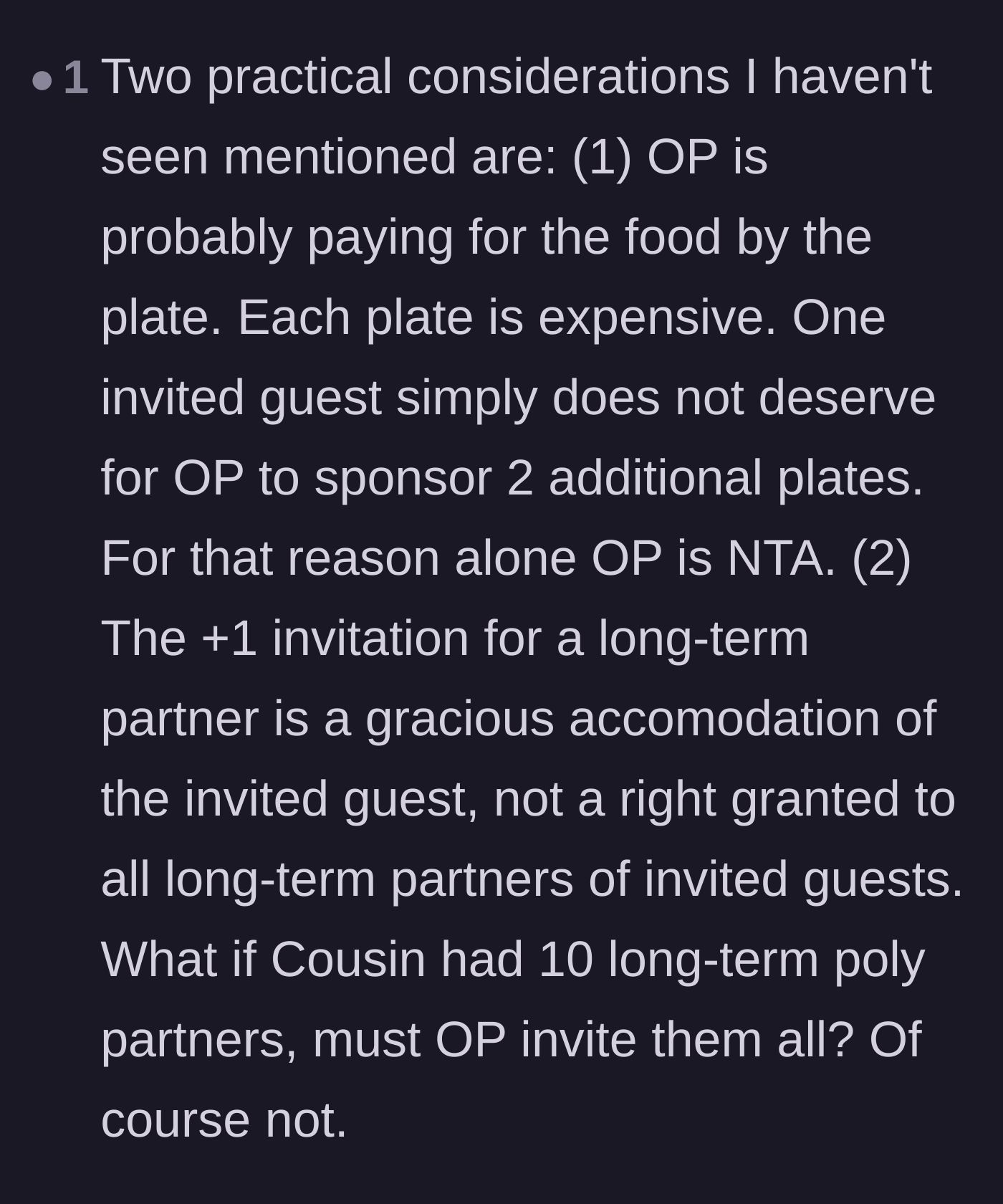 Comment thread 5 - Pointing out the financial reality of paying per plate and the slippery slope of accommodating multiple polyamorous partners.