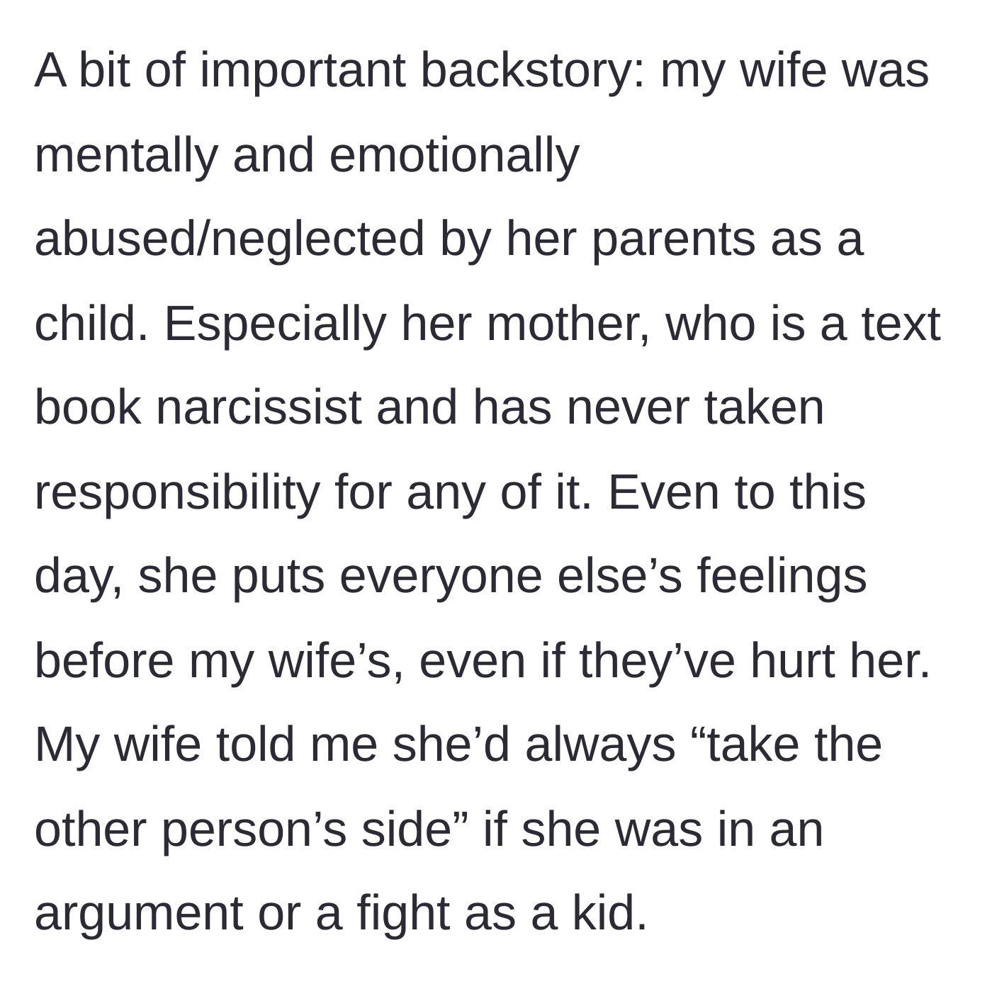 Story part 3 - Context about the wife's childhood emotional abuse by her narcissistic mother.