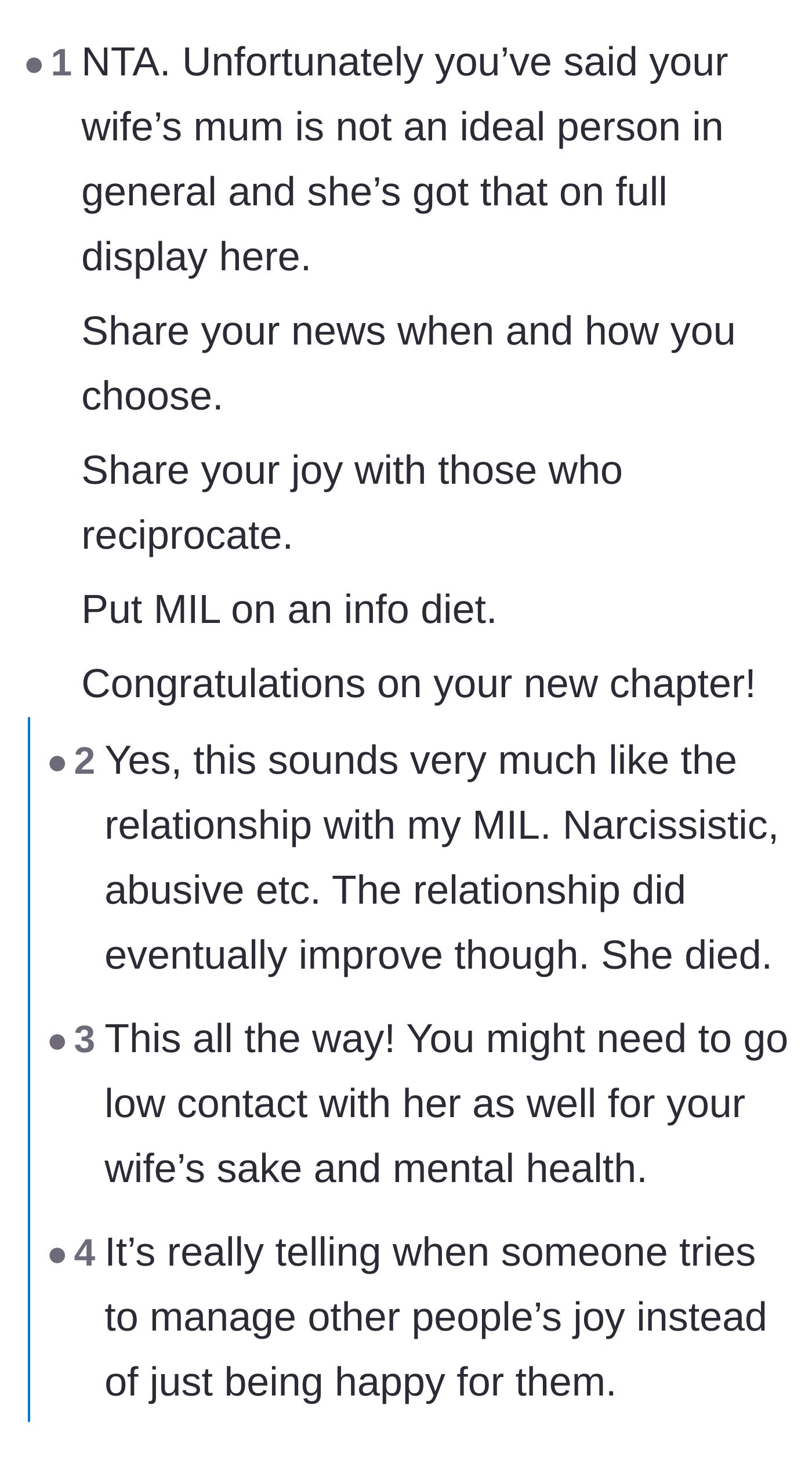 Comment thread 1 - Advice on an information diet and a dark joke about improving relationships with toxic MILs