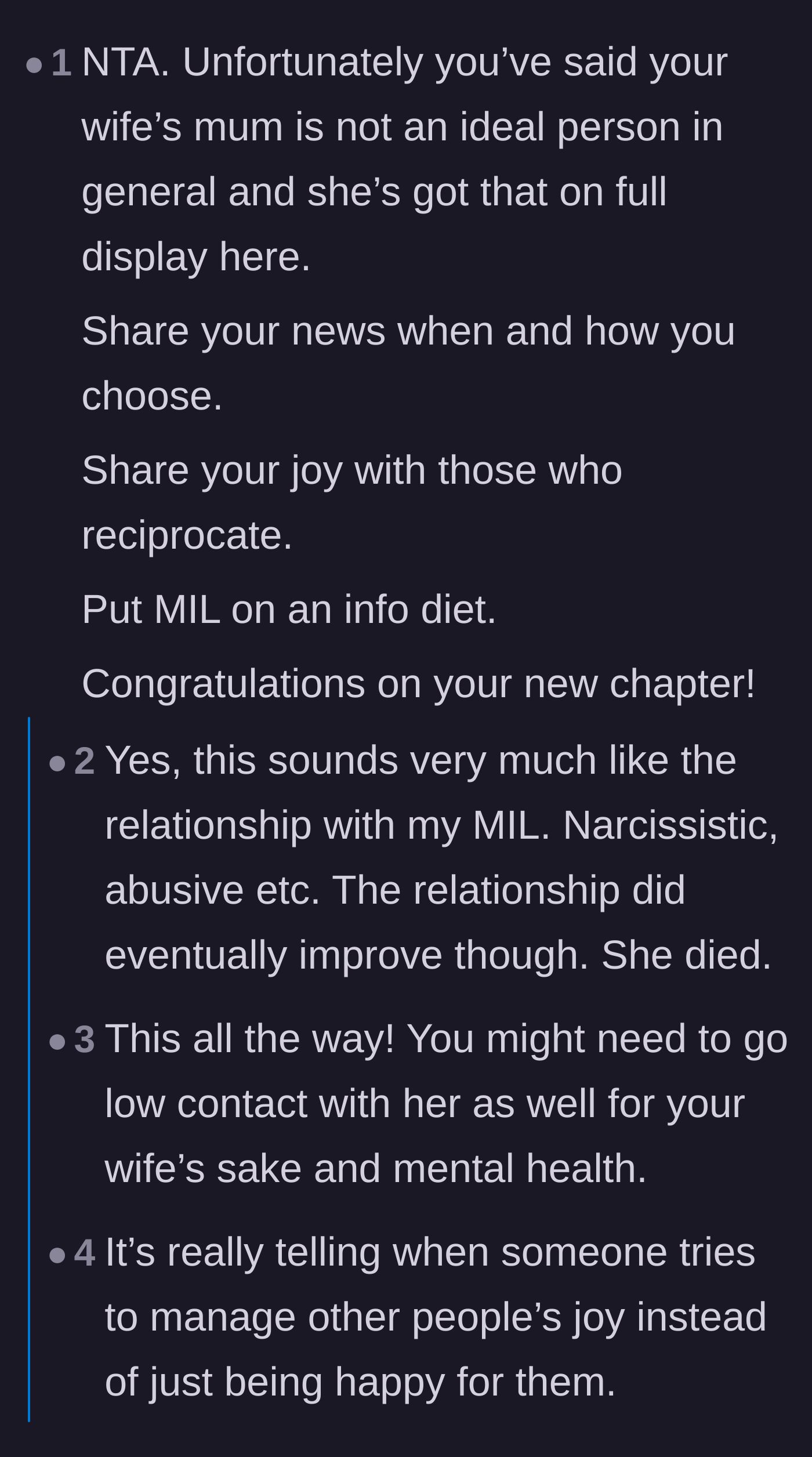 Comment thread 1 - Advice on an information diet and a dark joke about improving relationships with toxic MILs