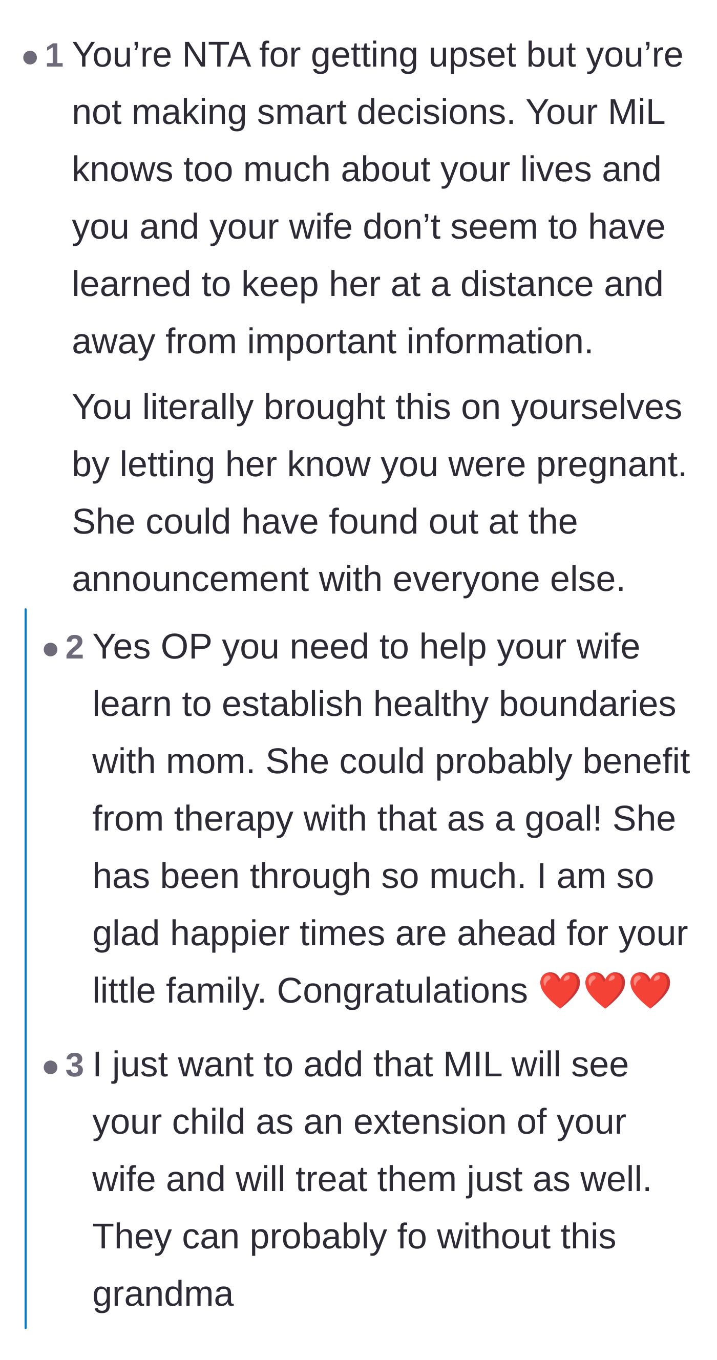 Comment thread 2 - Readers delivering tough love about oversharing with the toxic MIL and predicting she will mistreat the baby