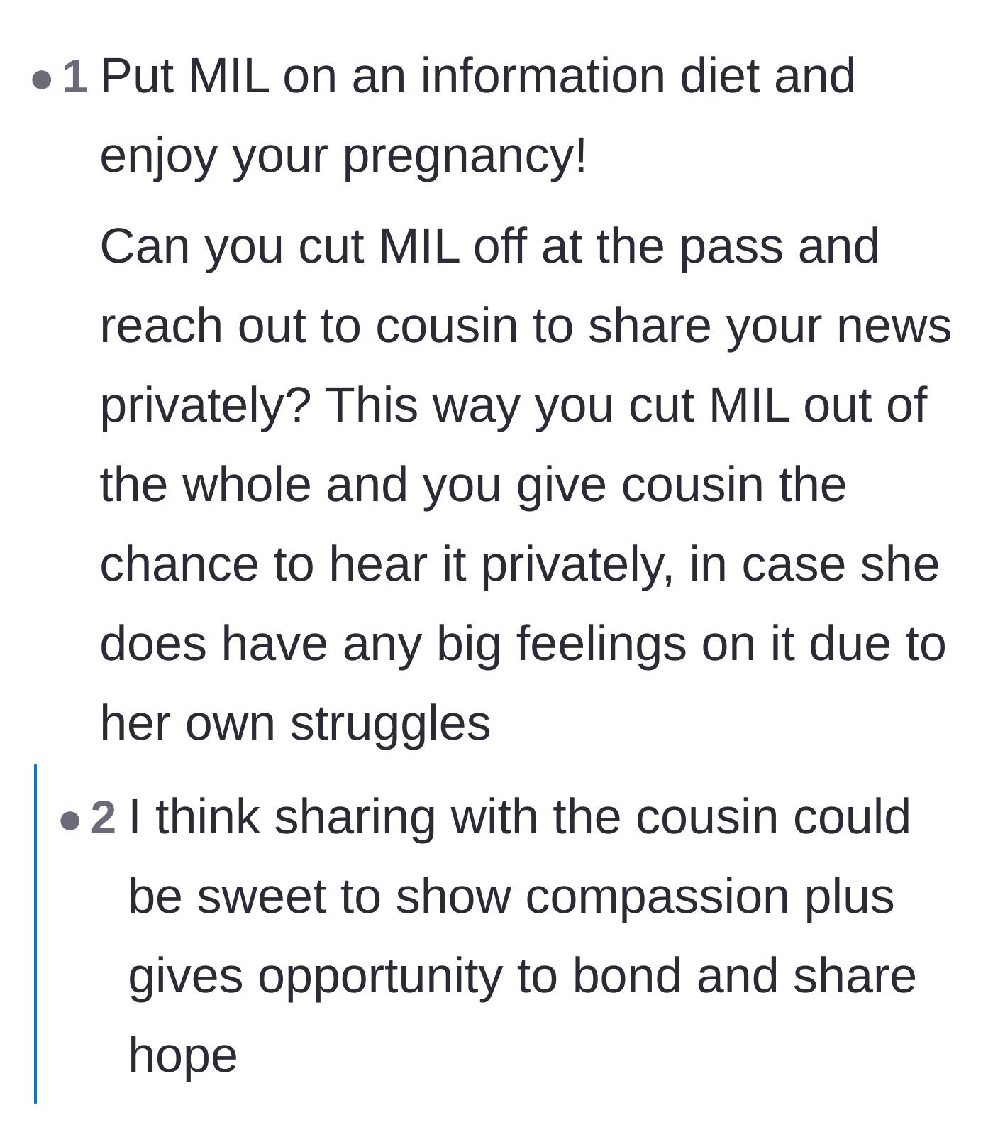 Comment thread 5 - Suggestion to bypass the mother-in-law and tell the cousin the news privately