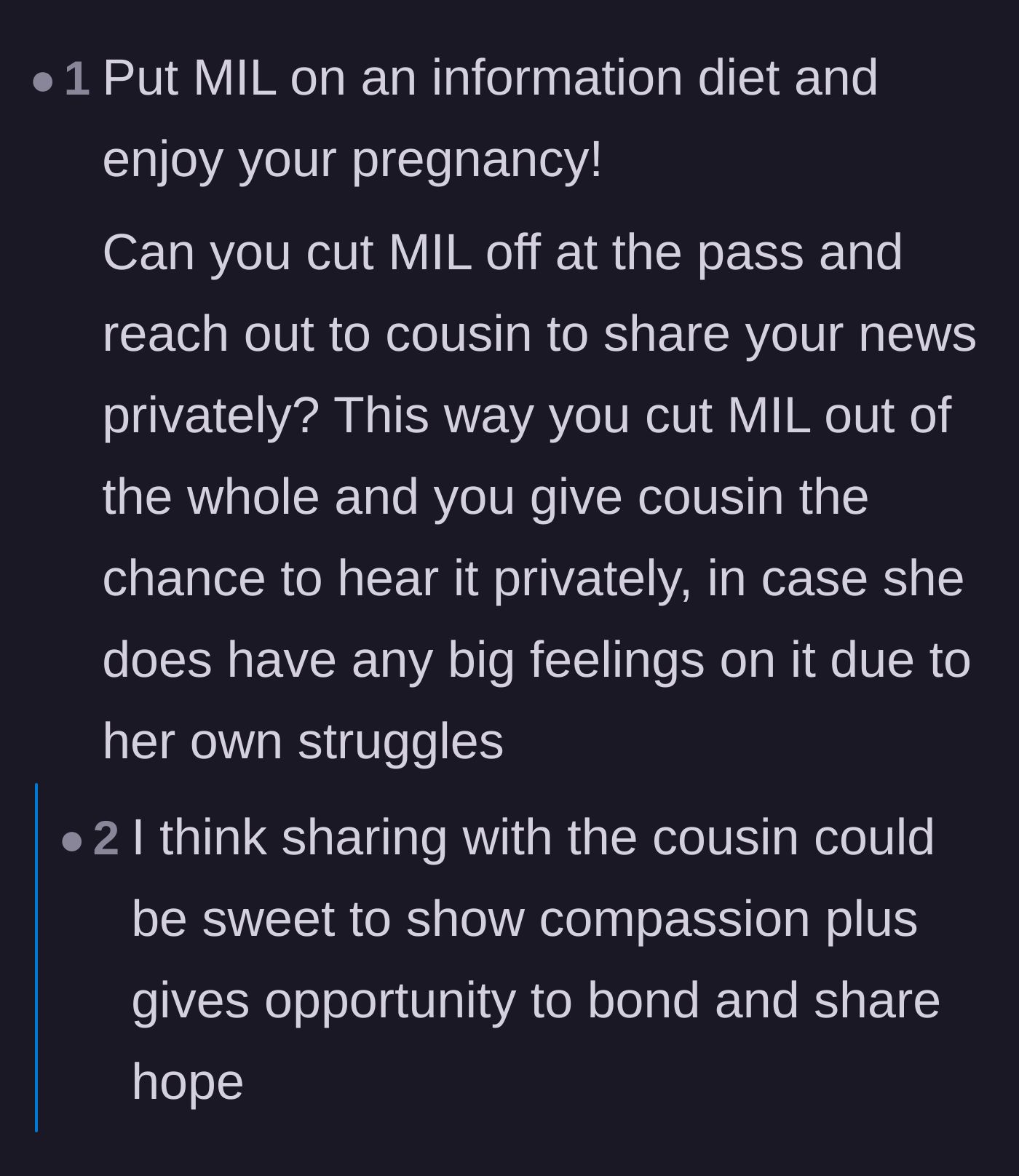 Comment thread 5 - Suggestion to bypass the mother-in-law and tell the cousin the news privately