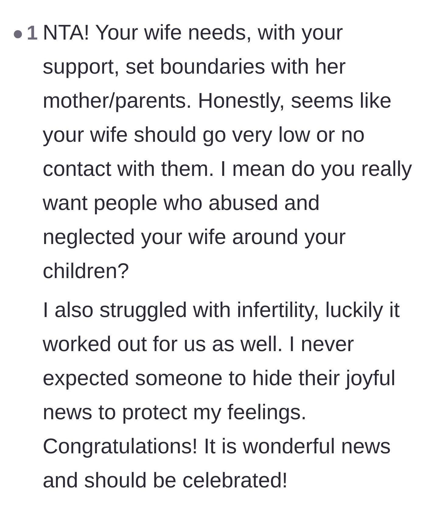 Comment thread 6 - Fellow infertility survivor validating the couple and urging them to cut contact with the abusers