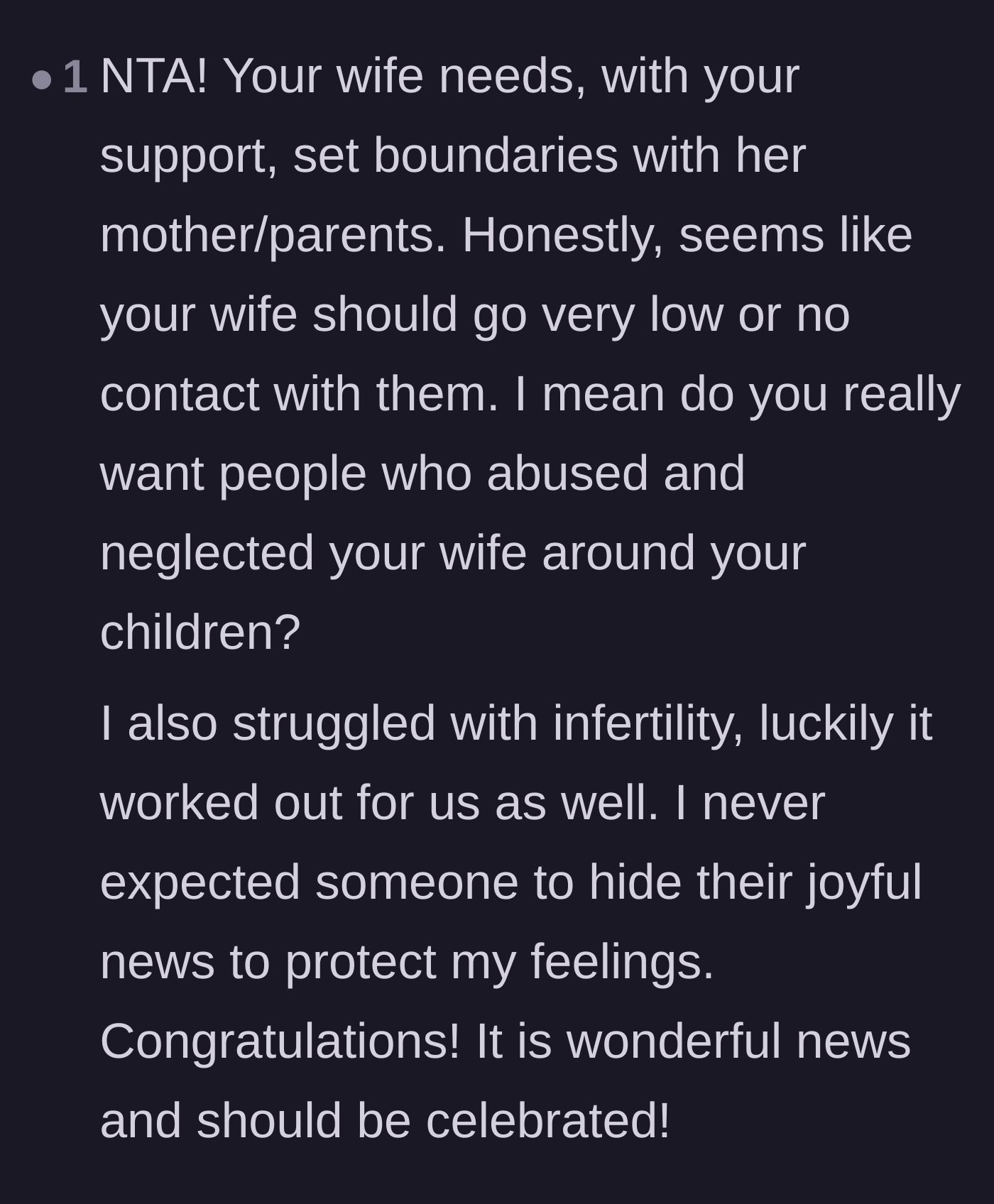 Comment thread 6 - Fellow infertility survivor validating the couple and urging them to cut contact with the abusers