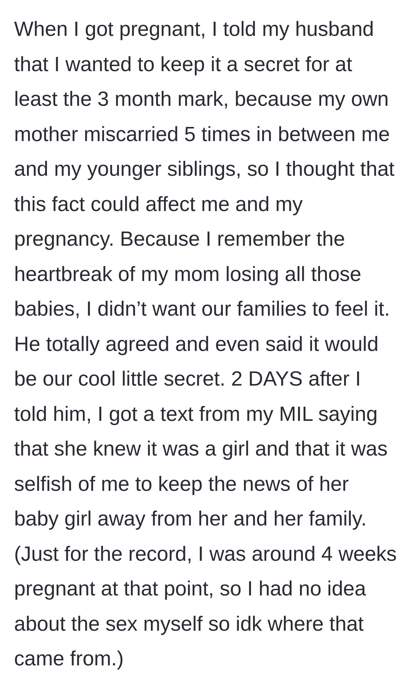 Story part 2 - The mother-to-be wants to hide her early pregnancy due to family trauma, but her mother-in-law texts her about it two days later.