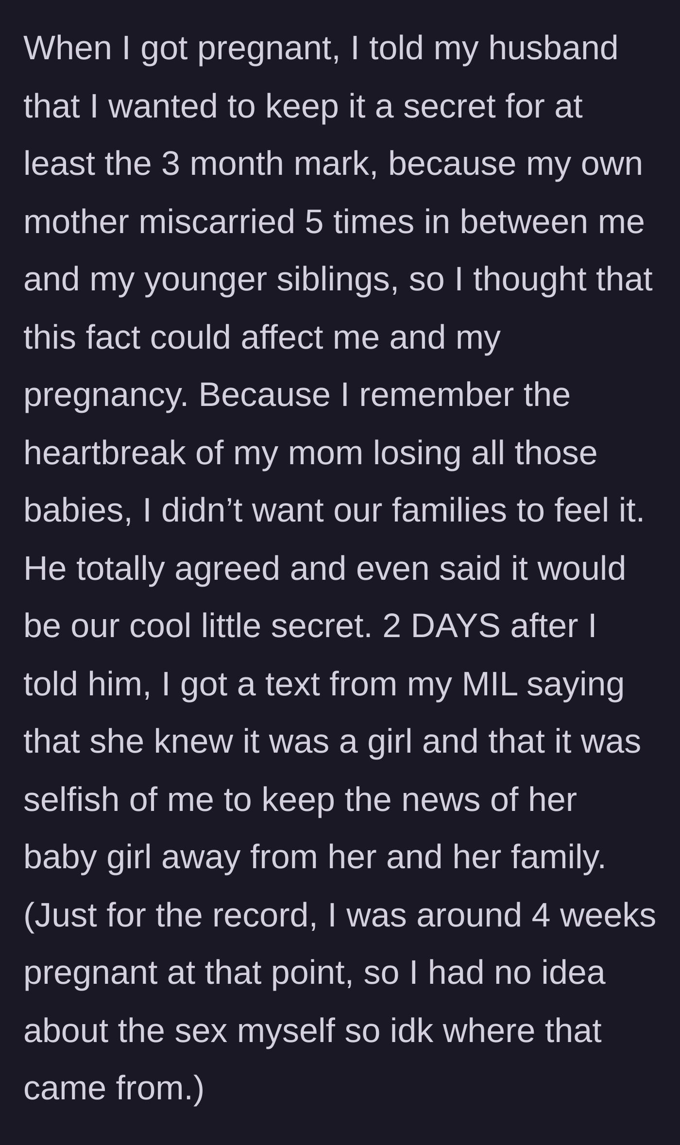 Story part 2 - The mother-to-be wants to hide her early pregnancy due to family trauma, but her mother-in-law texts her about it two days later.