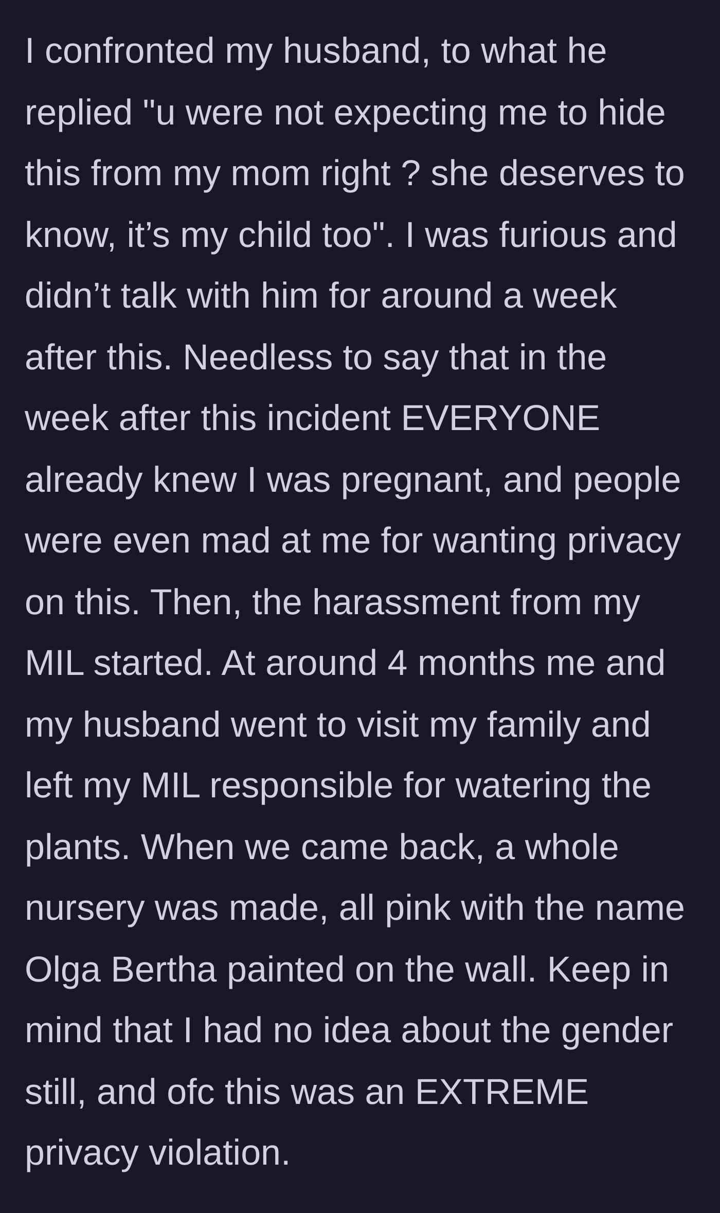 Story part 3 - The husband dismisses his wife's anger, and the mother-in-law secretly builds a bizarrely personalized nursery in their home.