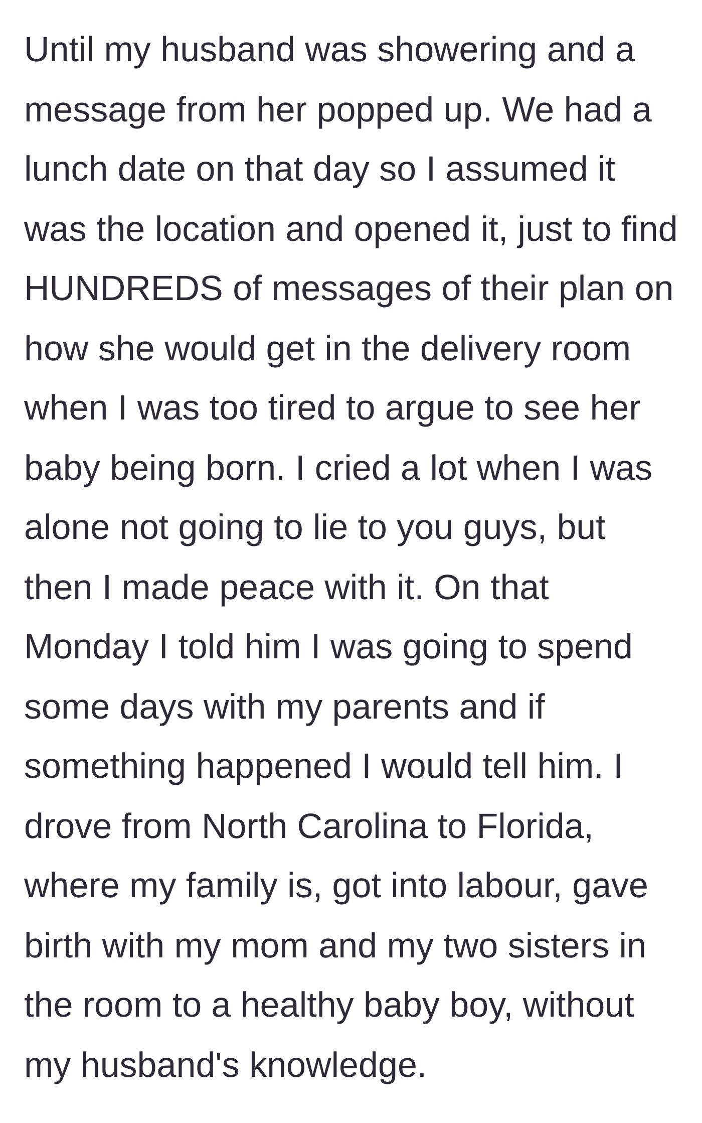 Story part 5 - Finding hidden messages detailing a plot to sneak the mother-in-law into the delivery room, the heartbroken wife quietly flees to Florida to give birth.