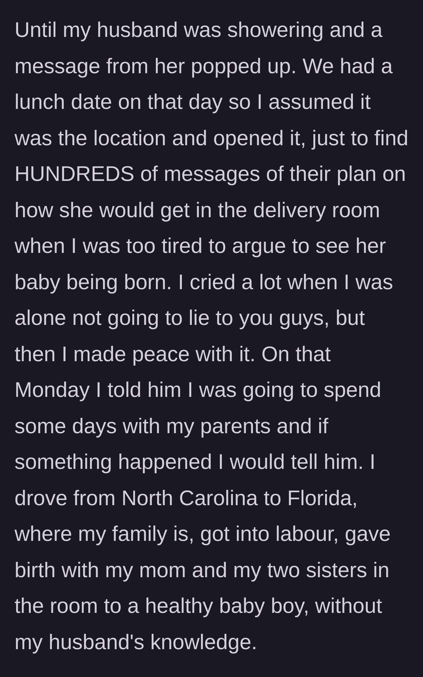 Story part 5 - Finding hidden messages detailing a plot to sneak the mother-in-law into the delivery room, the heartbroken wife quietly flees to Florida to give birth.