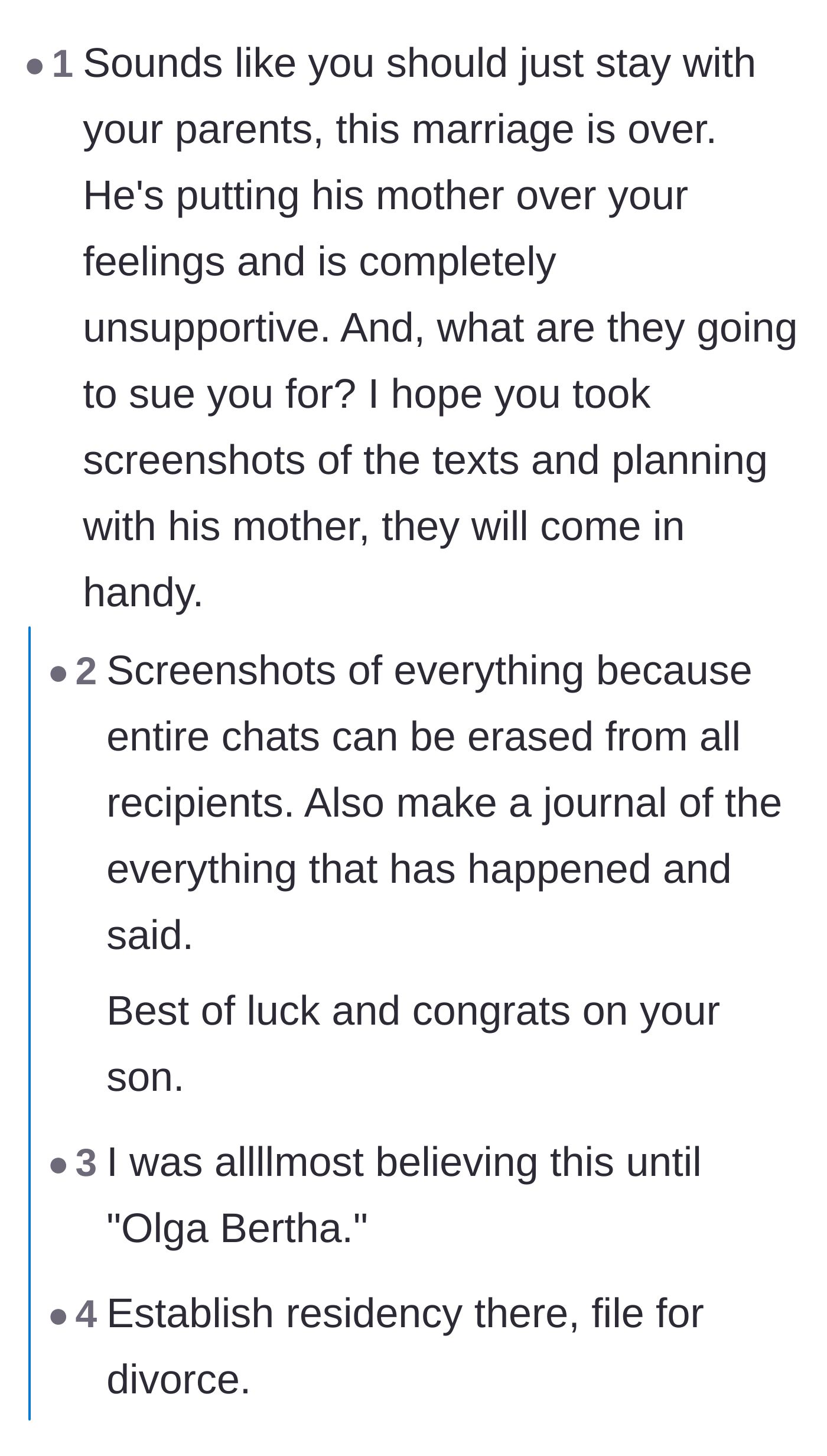 Comment thread 1 - Advice on documenting the abuse and staying with her parents to end the marriage