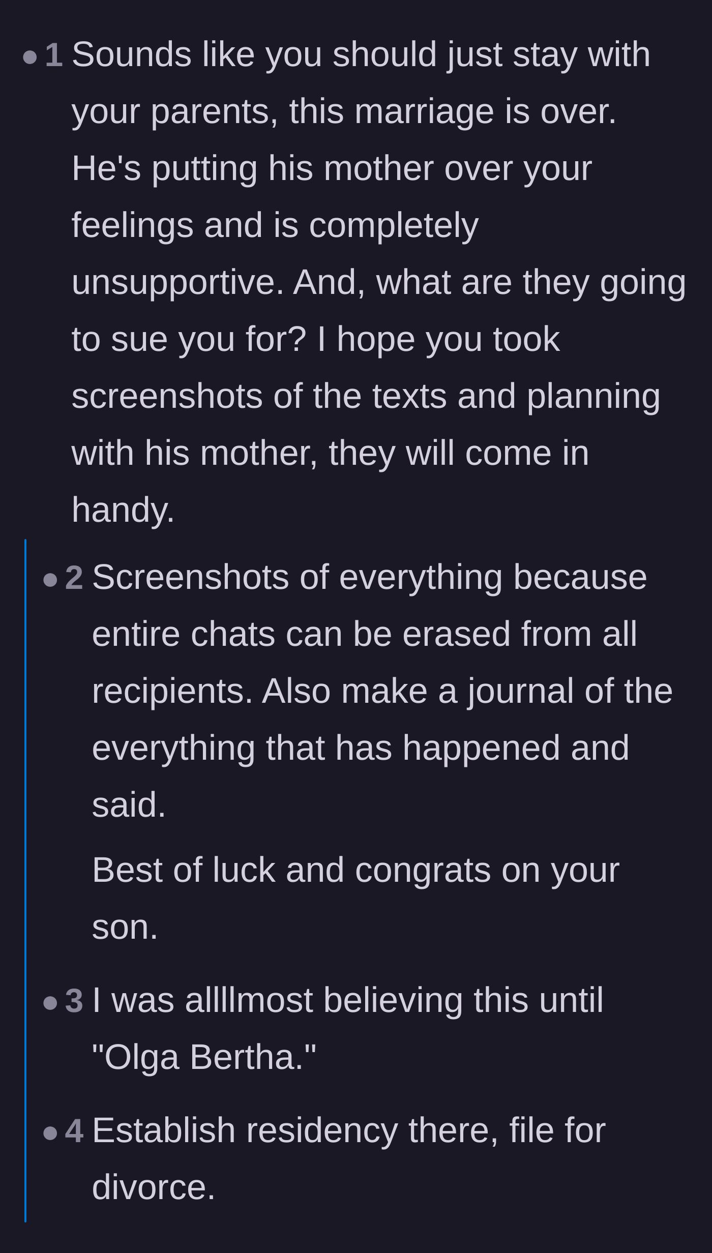 Comment thread 1 - Advice on documenting the abuse and staying with her parents to end the marriage