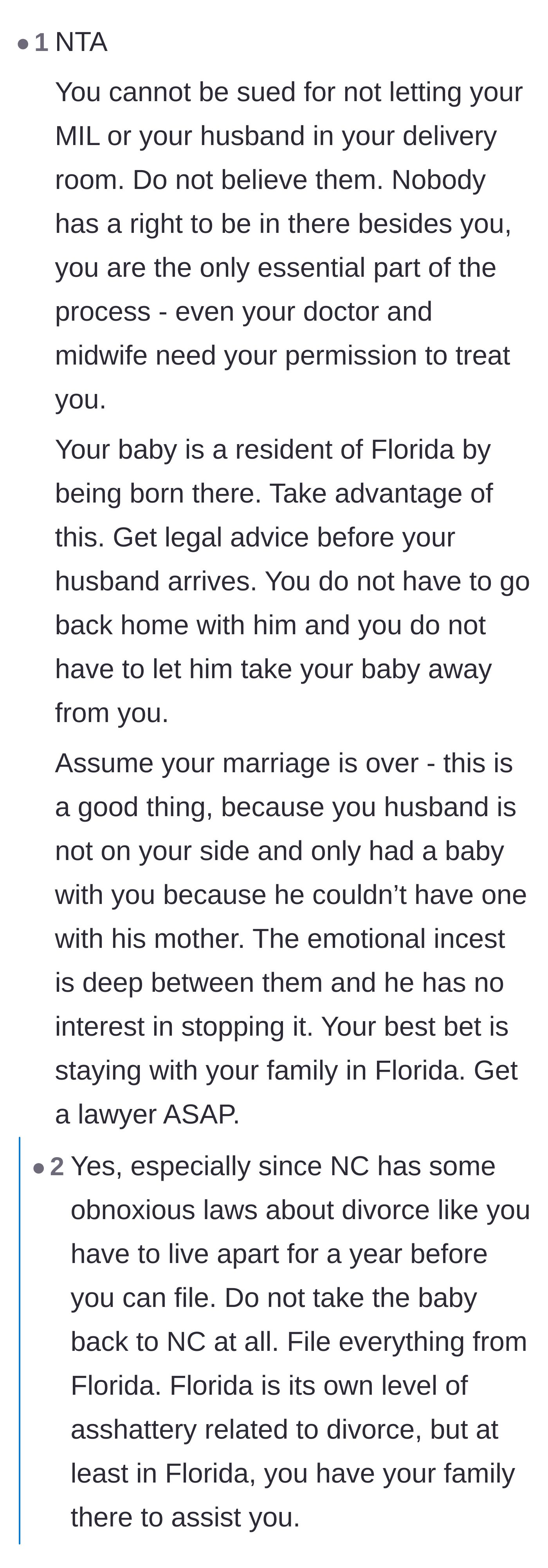 Comment thread 2 - Reassurance against legal threats and highlighting the husband's disturbing enmeshment with his mother