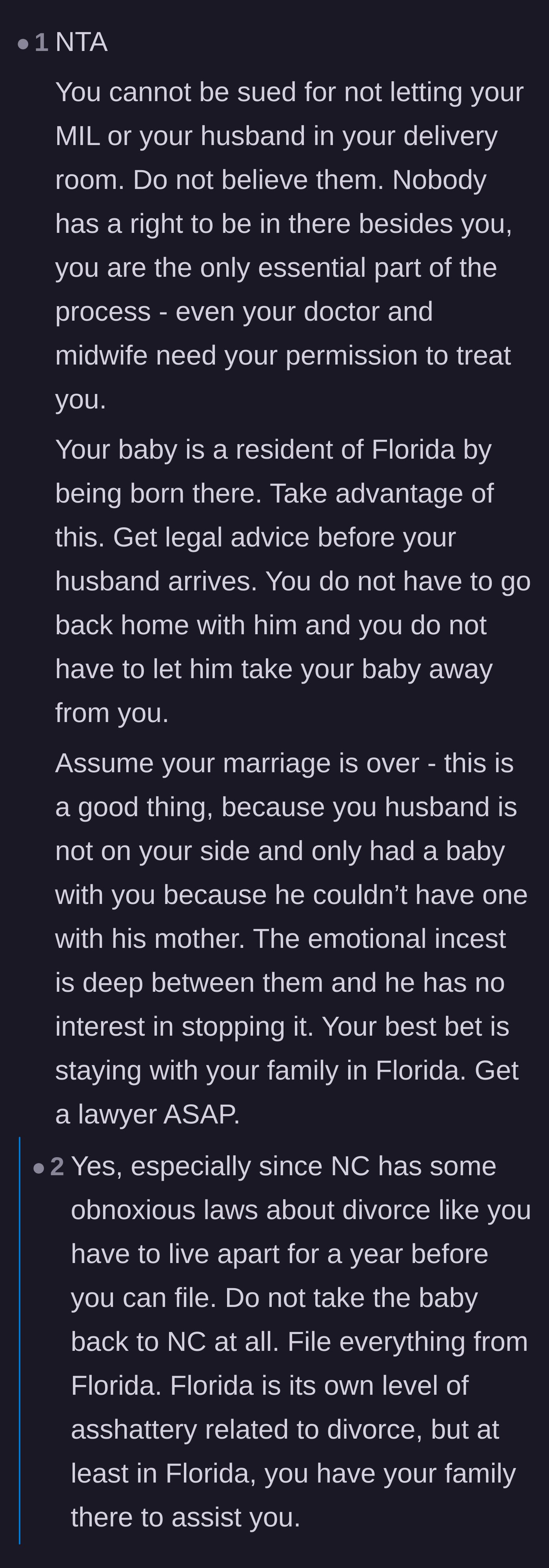 Comment thread 2 - Reassurance against legal threats and highlighting the husband's disturbing enmeshment with his mother