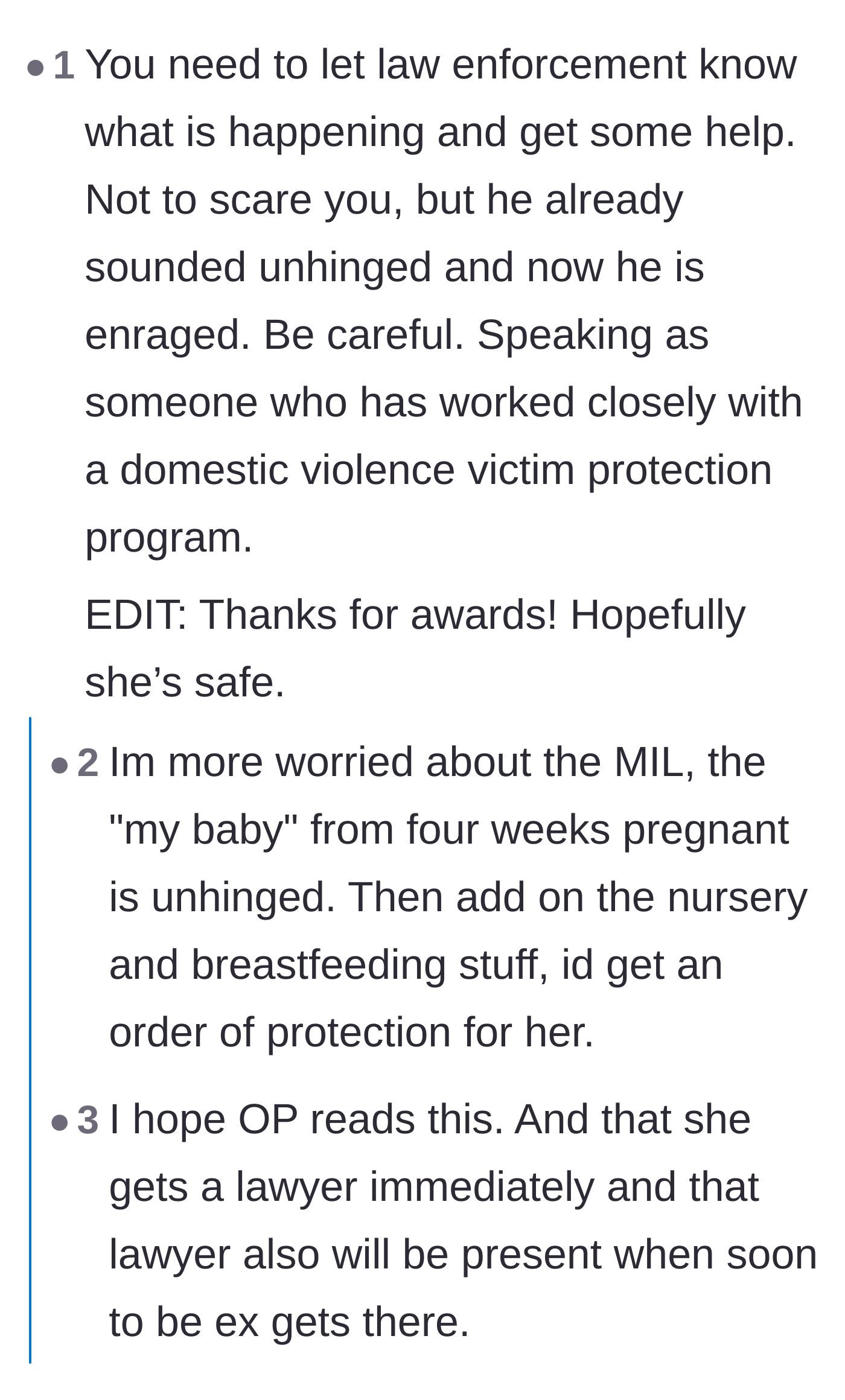 Comment thread 3 - Warnings from a domestic violence worker to involve law enforcement due to escalating danger