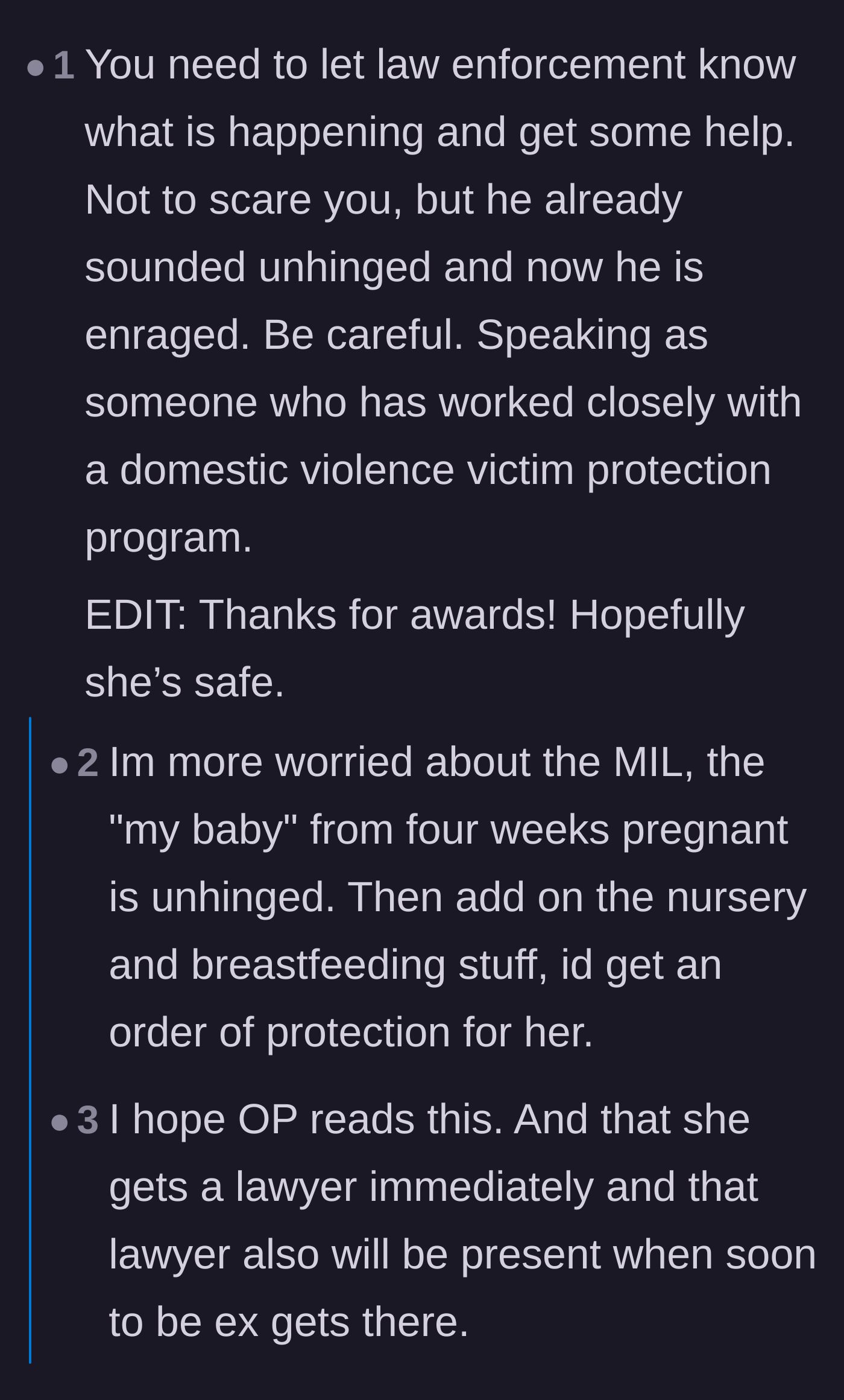 Comment thread 3 - Warnings from a domestic violence worker to involve law enforcement due to escalating danger