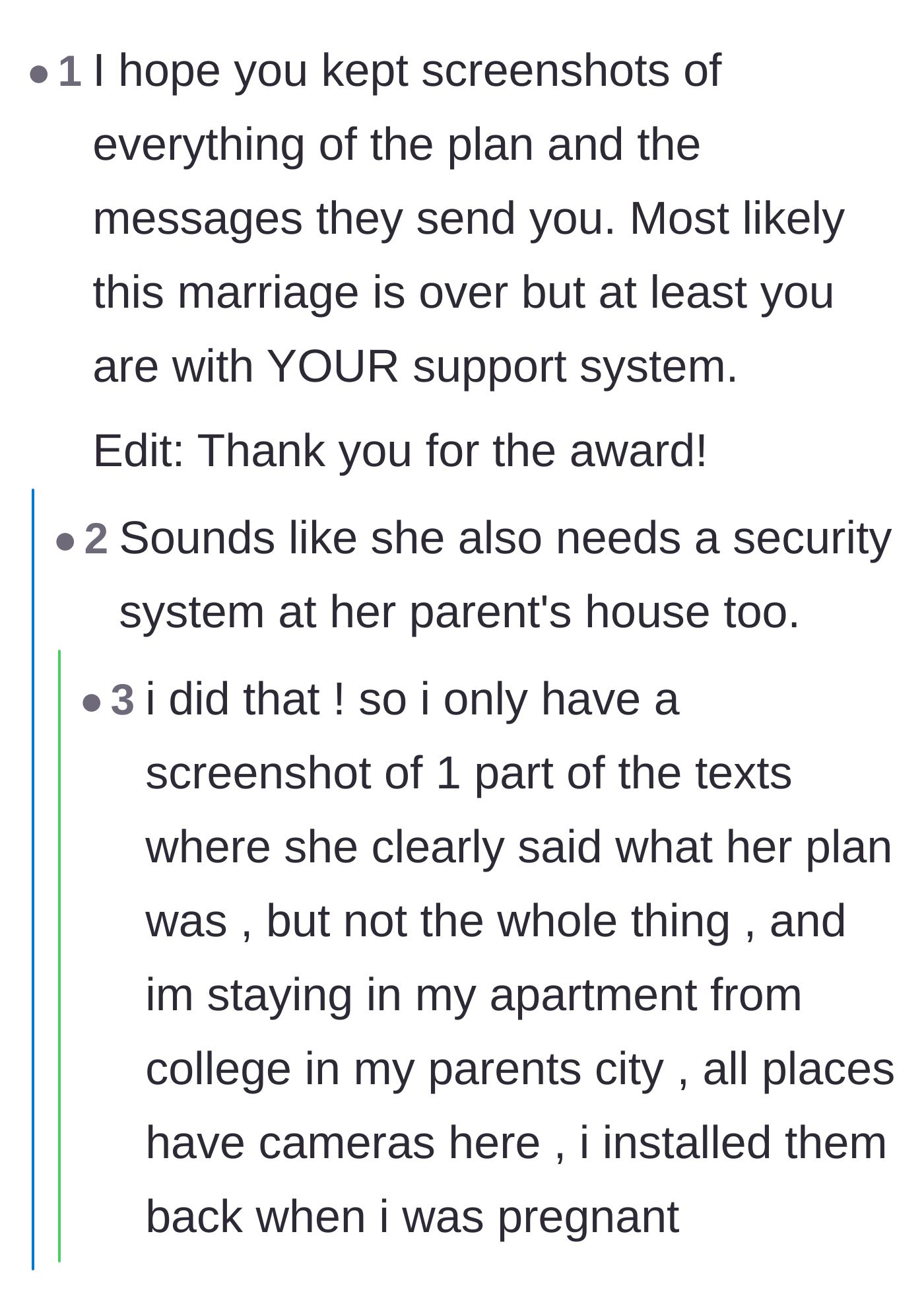 Comment thread 4 - The author confirming she secured her apartment with cameras and kept evidence of the delivery room plot