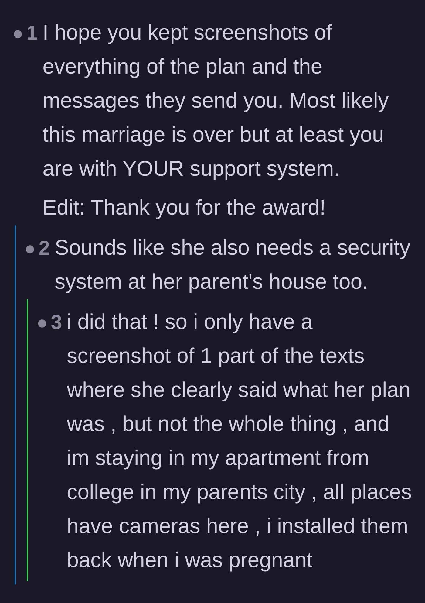 Comment thread 4 - The author confirming she secured her apartment with cameras and kept evidence of the delivery room plot