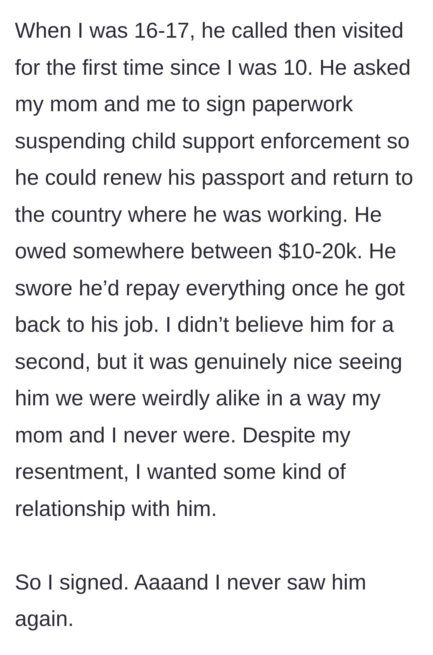 Story part 2 - A teenage girl hesitantly signing a legal document handed to her by her estranged father.