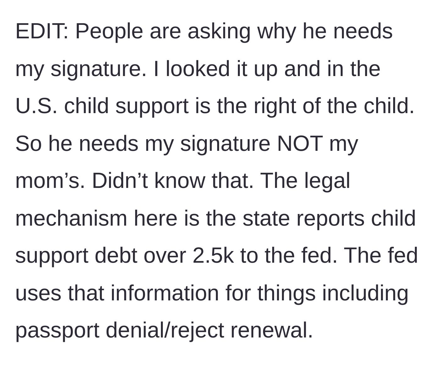 Story part 7 - A magnifying glass over legal paperwork explaining child support laws and passport restrictions.