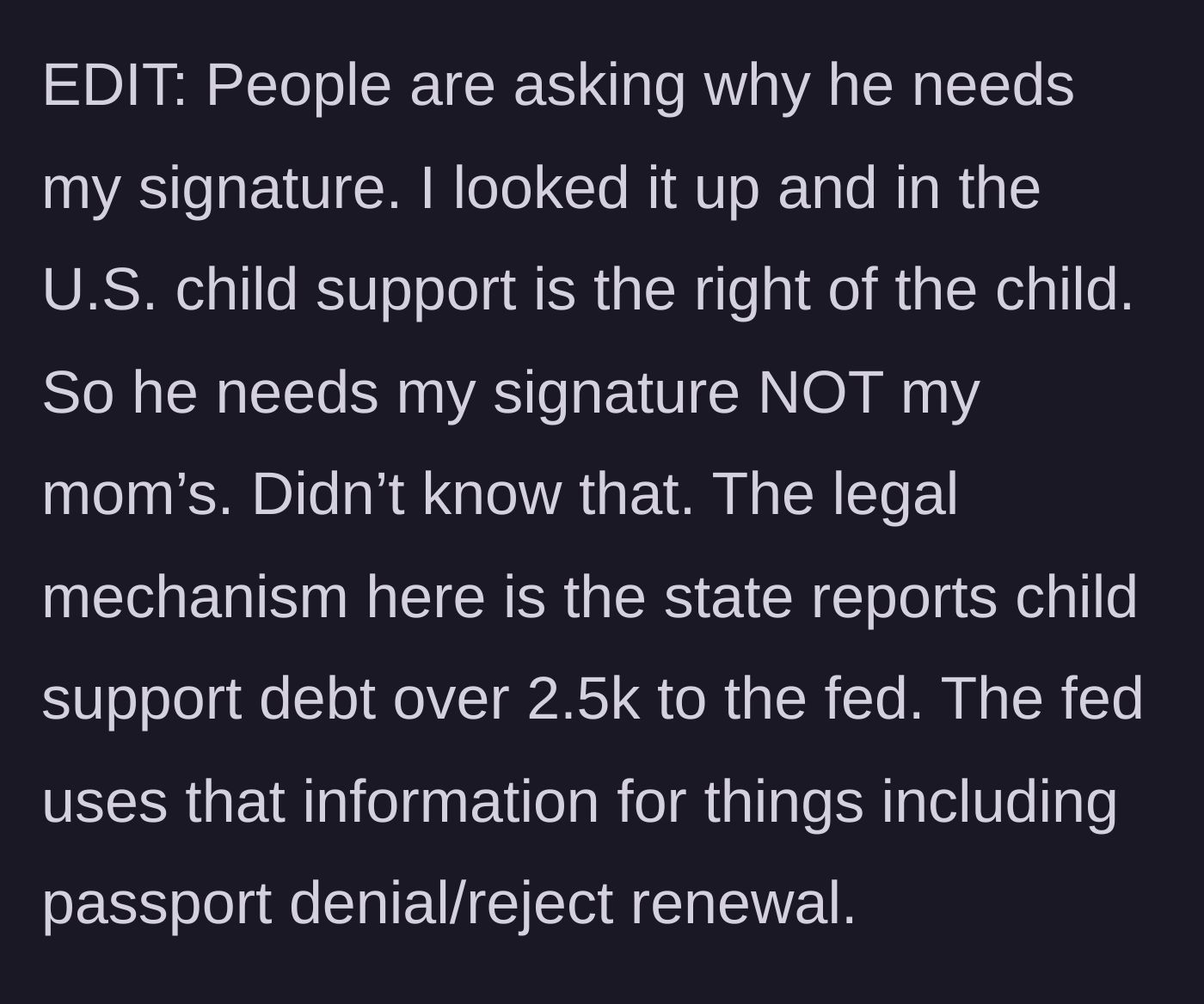 Story part 7 - A magnifying glass over legal paperwork explaining child support laws and passport restrictions.