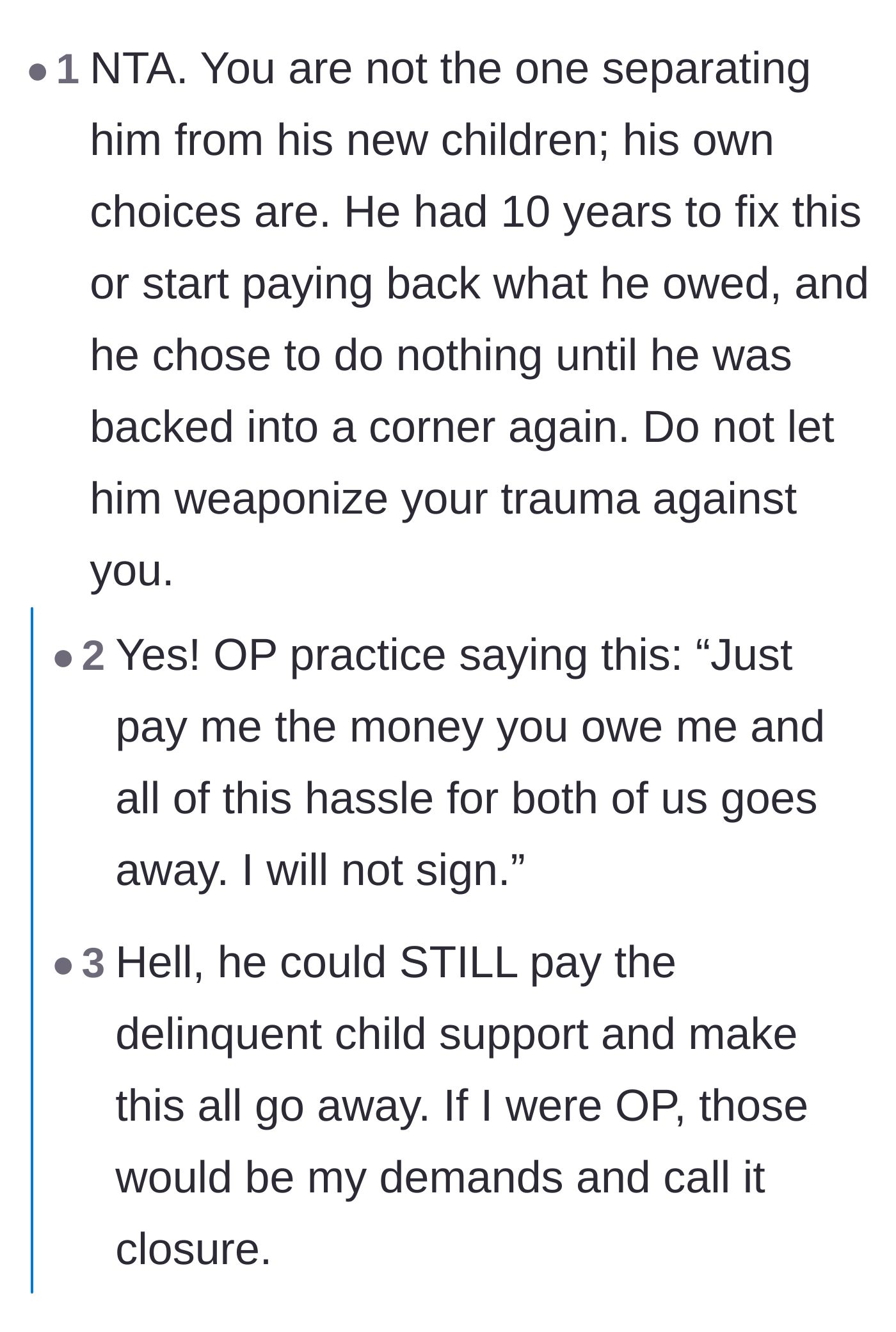 Comment thread 1 - Readers pointing out the father's weaponization of trauma and suggesting a firm demand for the owed money.