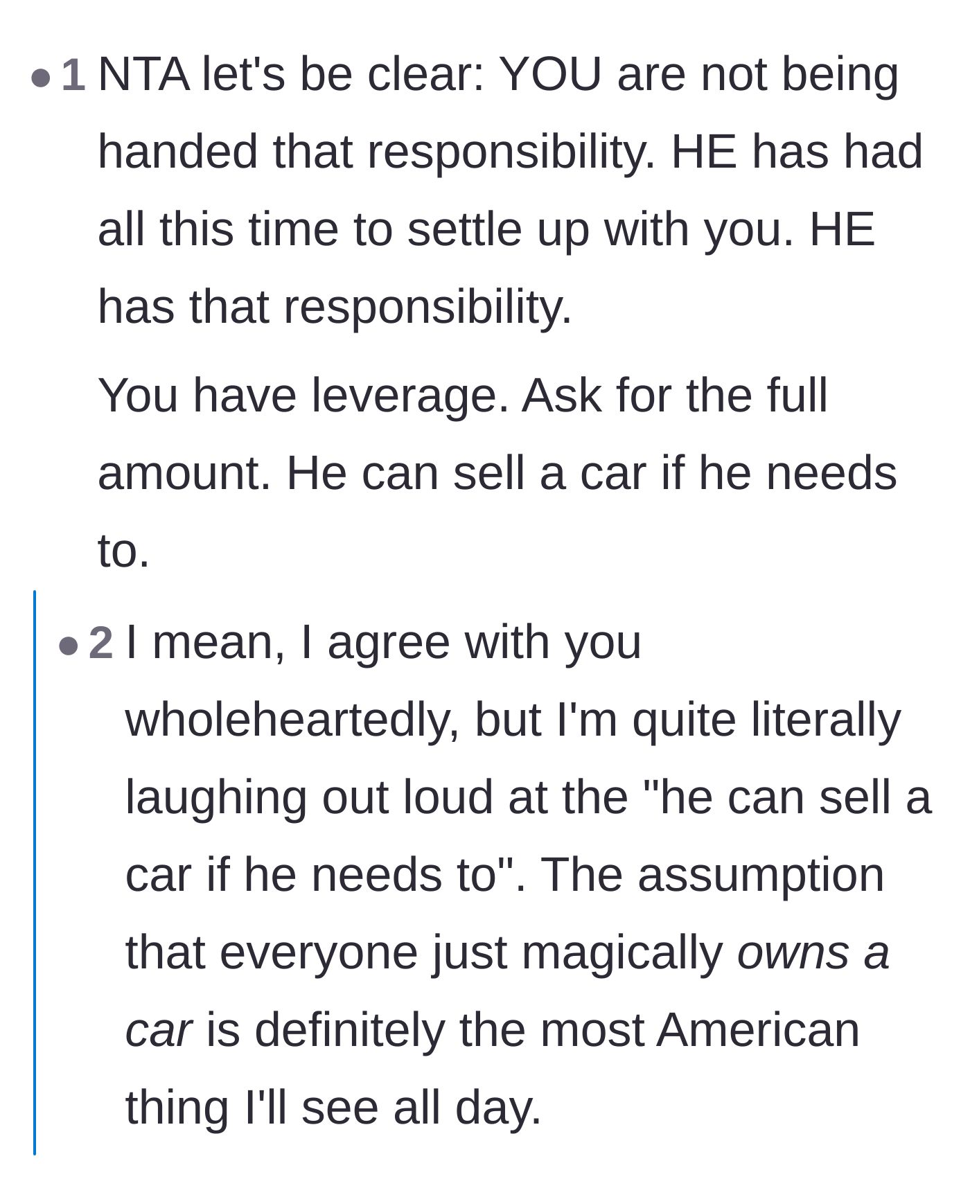 Comment thread 4 - Reaffirming that the responsibility lies entirely with the father, accompanied by a bit of dark humor about selling a car to pay the debt.