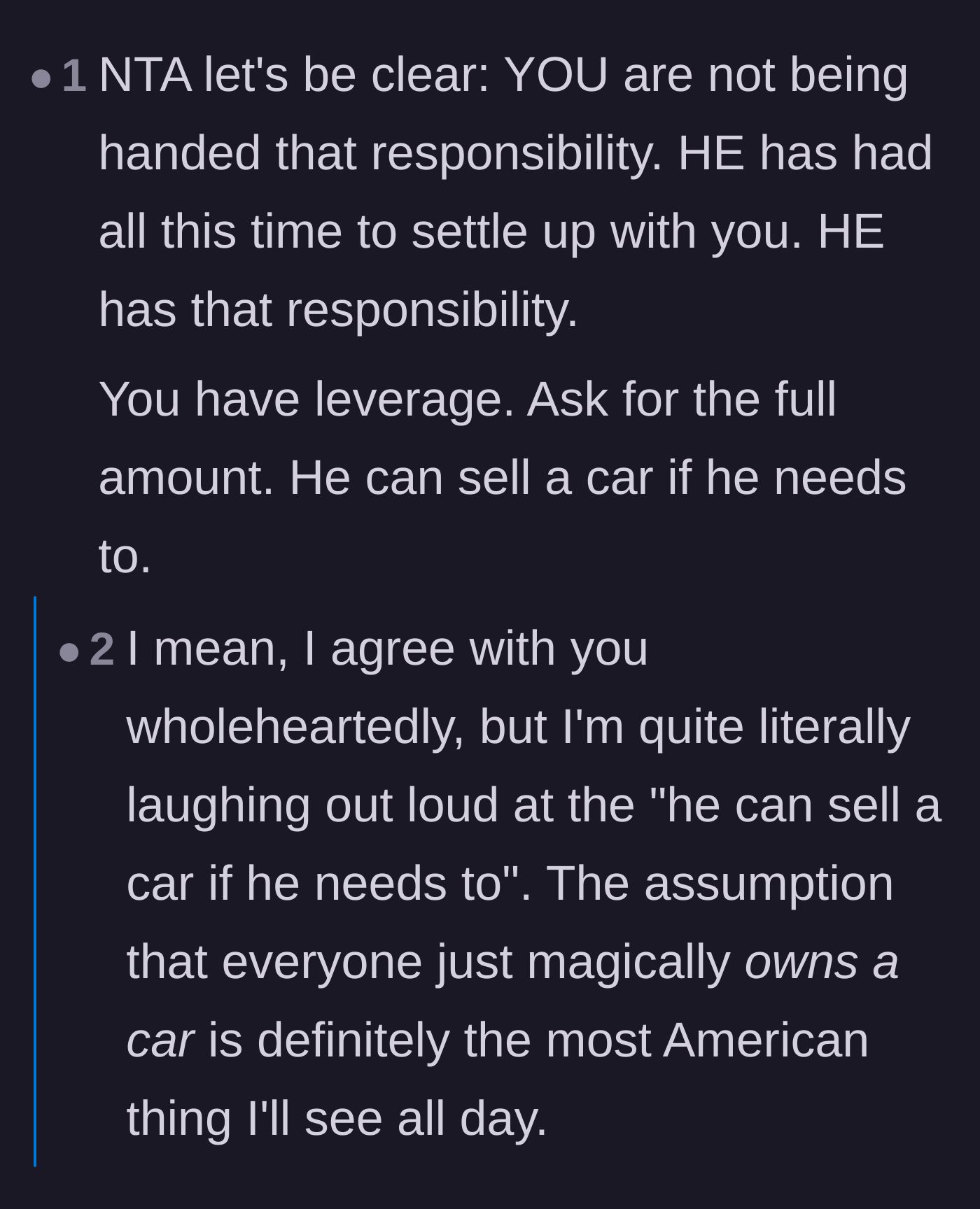 Comment thread 4 - Reaffirming that the responsibility lies entirely with the father, accompanied by a bit of dark humor about selling a car to pay the debt.