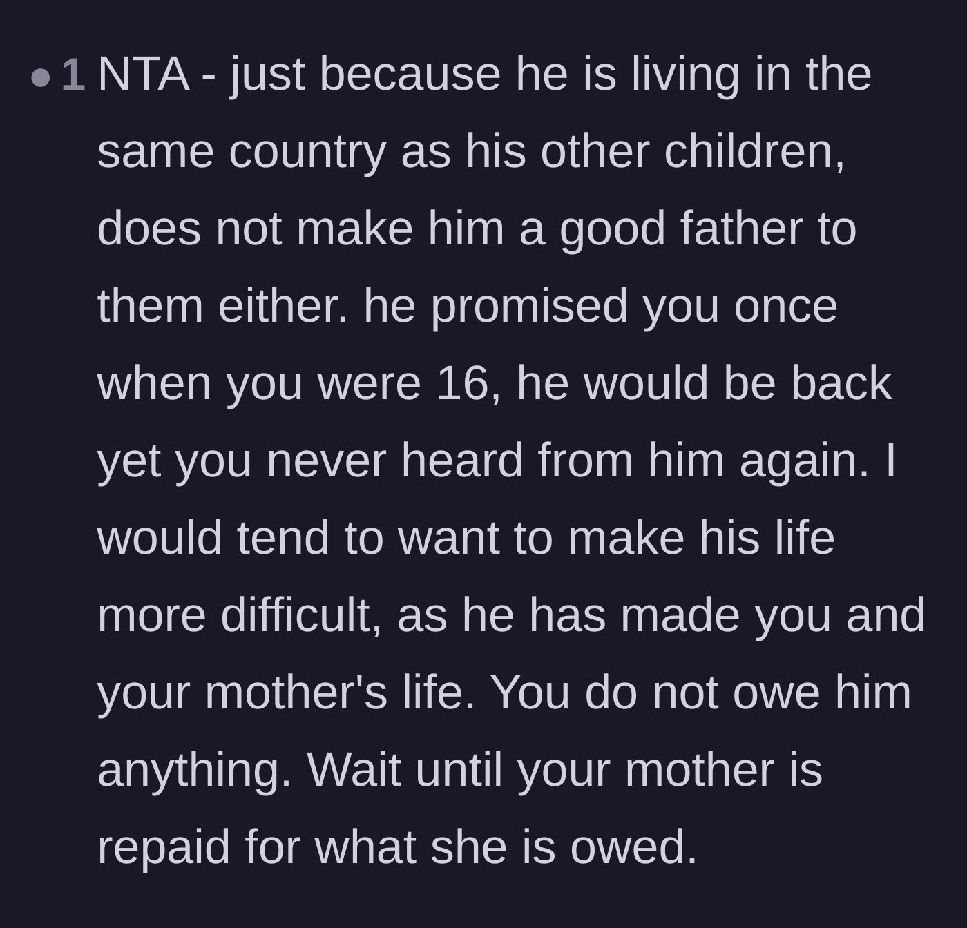 Comment thread 5 - A poignant reminder that mere physical presence doesn't equal good parenting, and that the mother's sacrifices deserve repayment.