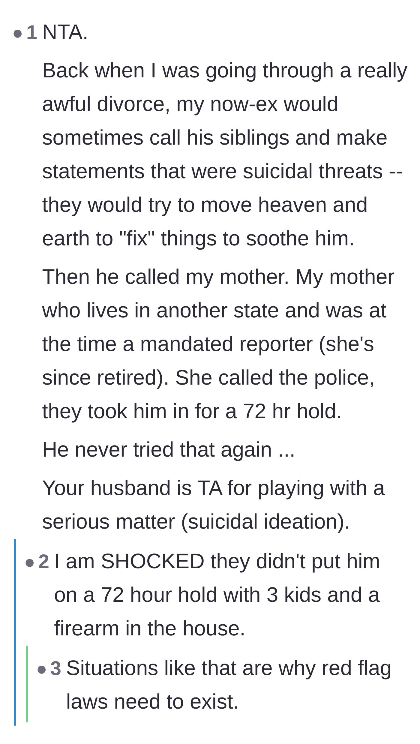 Comment thread 3 - A personal story from a commenter whose ex stopped making fake suicide threats after an involuntary 72-hour psychiatric hold, sparking a debate on red flag laws.