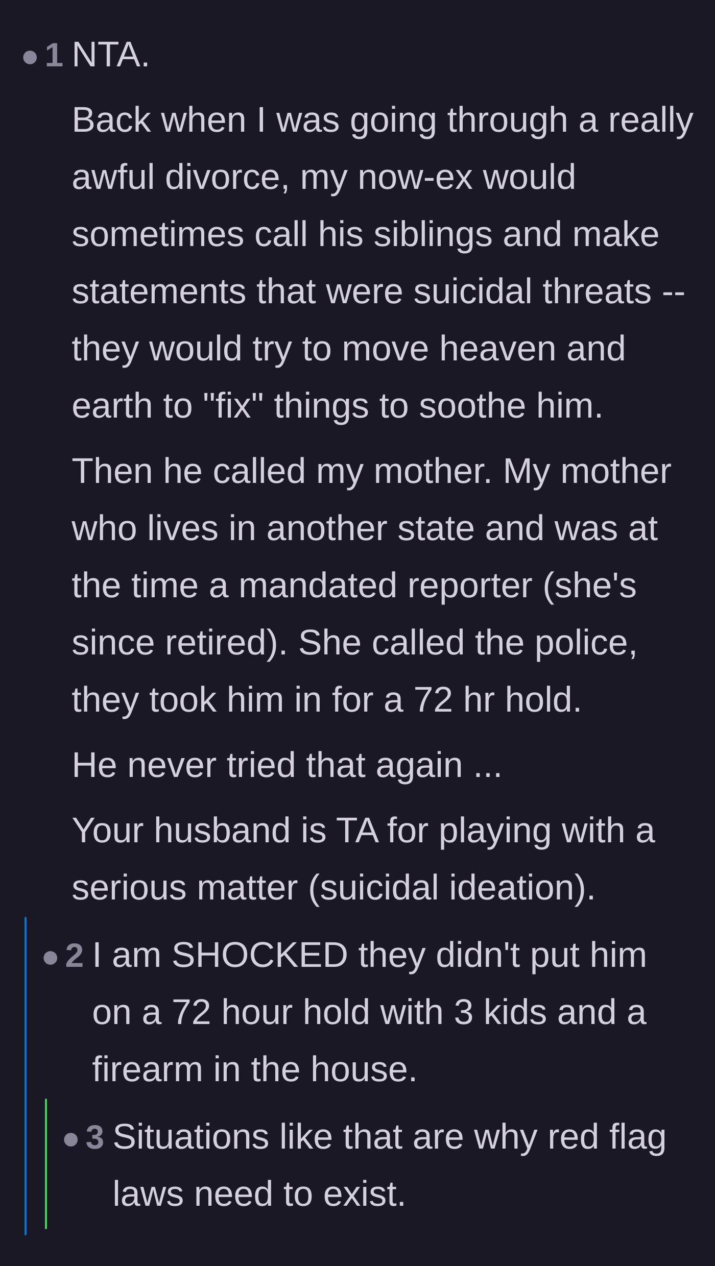 Comment thread 3 - A personal story from a commenter whose ex stopped making fake suicide threats after an involuntary 72-hour psychiatric hold, sparking a debate on red flag laws.