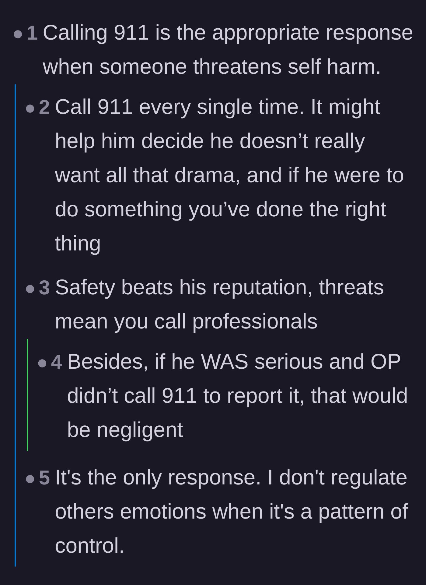 Comment thread 4 - A discussion emphasizing that a family's safety will always trump a husband's neighborhood reputation.