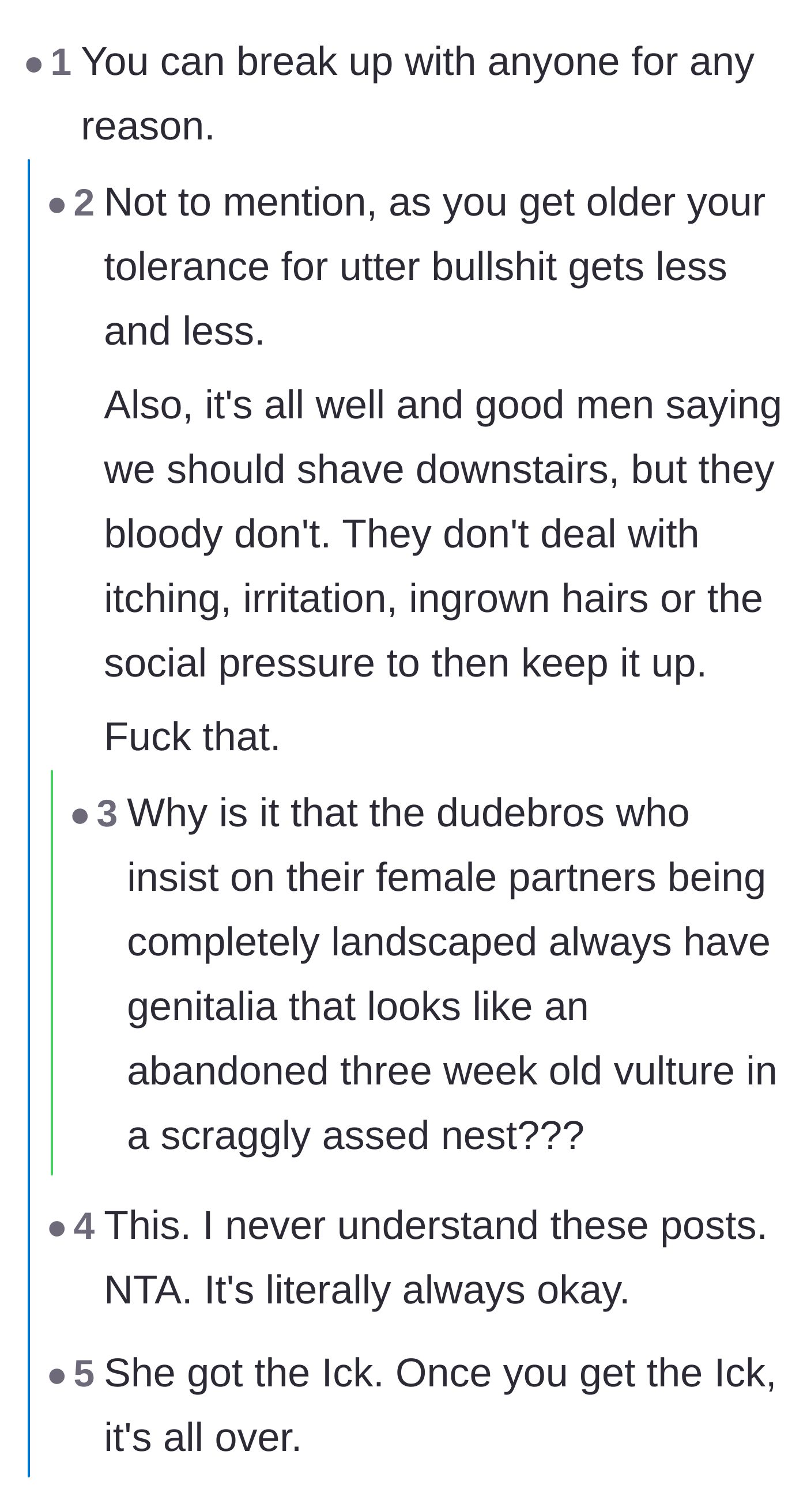 Comment thread 1 - Readers discussing the double standards of body grooming and the undeniable power of the 'ick'.