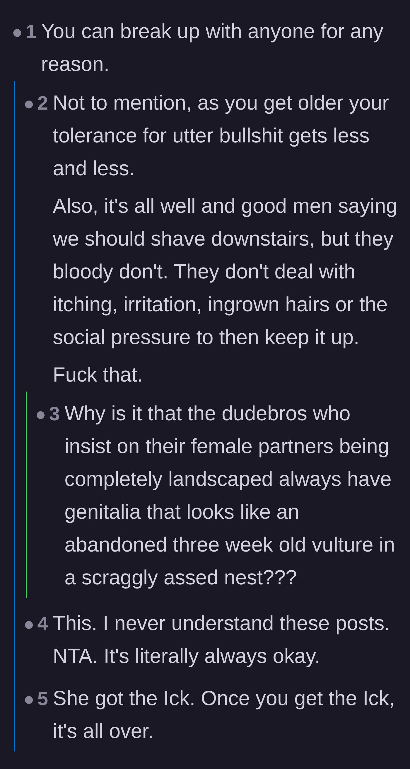 Comment thread 1 - Readers discussing the double standards of body grooming and the undeniable power of the 'ick'.