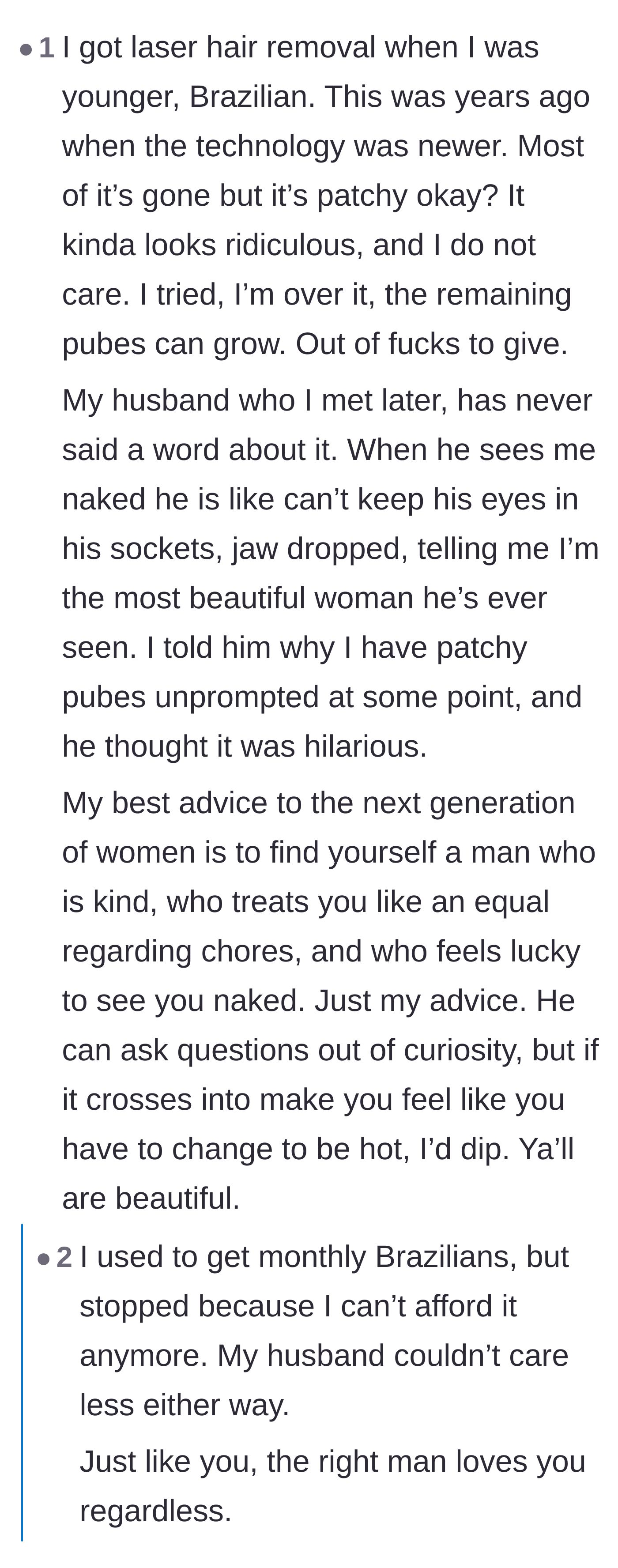 Comment thread 2 - A user sharing a heartwarming story about a husband who loves her exactly as she is.