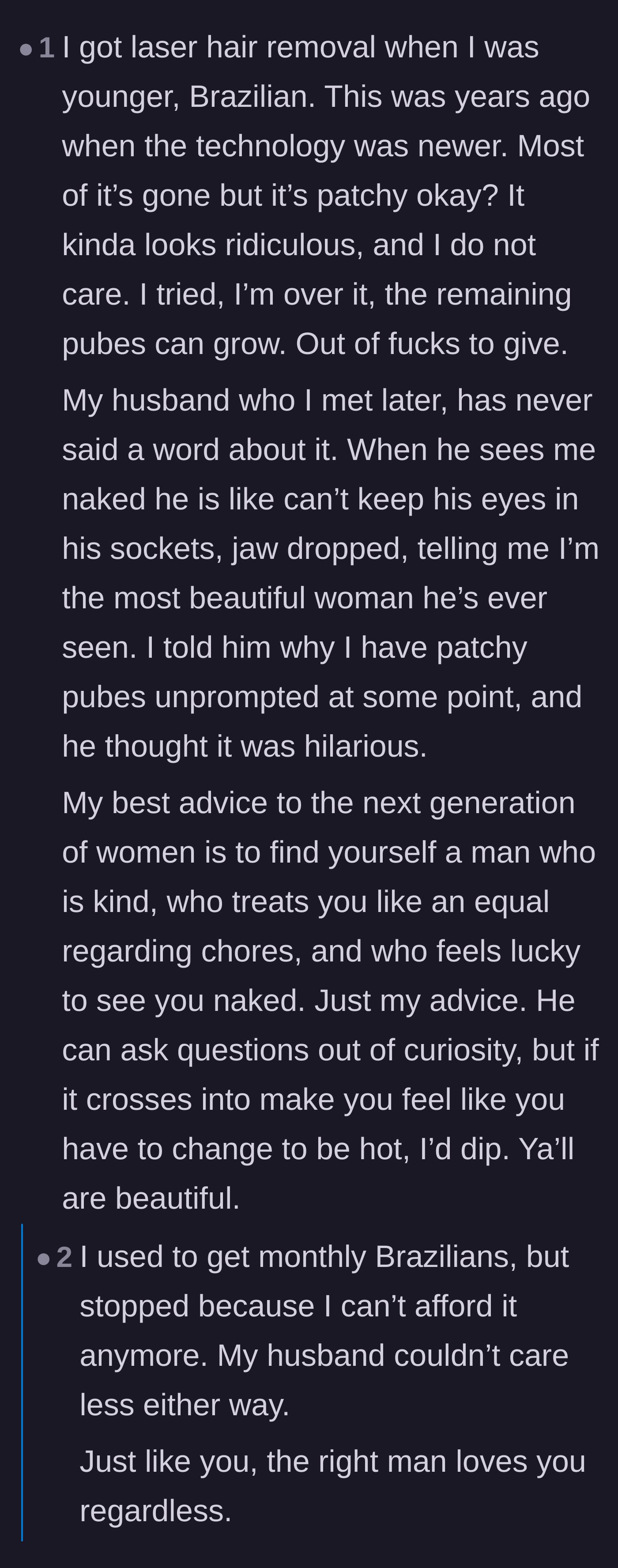 Comment thread 2 - A user sharing a heartwarming story about a husband who loves her exactly as she is.