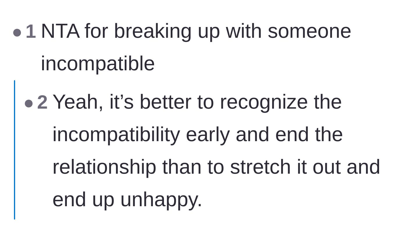 Comment thread 3 - Advice on recognizing incompatibility early instead of dragging out a doomed relationship.