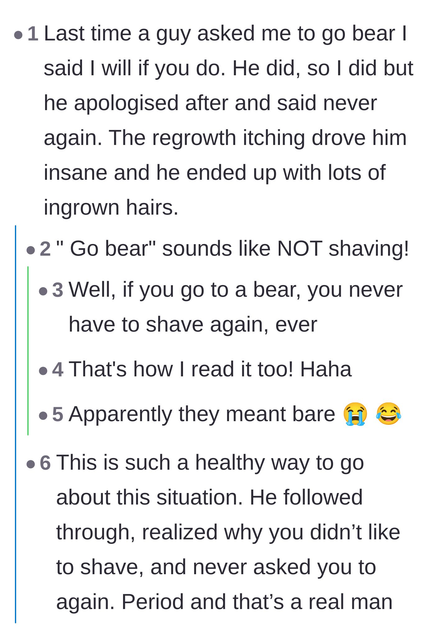 Comment thread 4 - A hilarious anecdote about a woman who made her partner shave alongside her, ending in his regret.