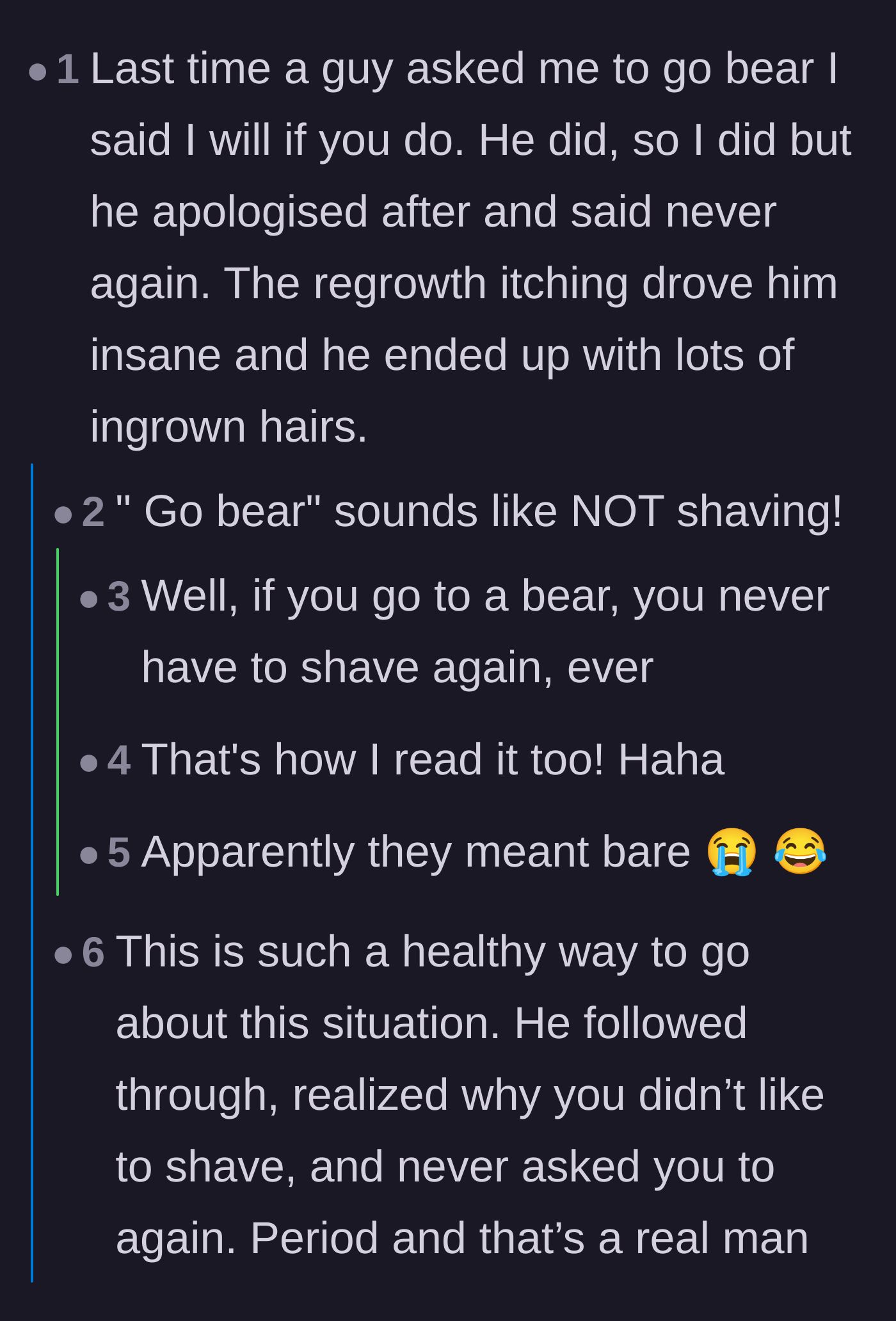 Comment thread 4 - A hilarious anecdote about a woman who made her partner shave alongside her, ending in his regret.