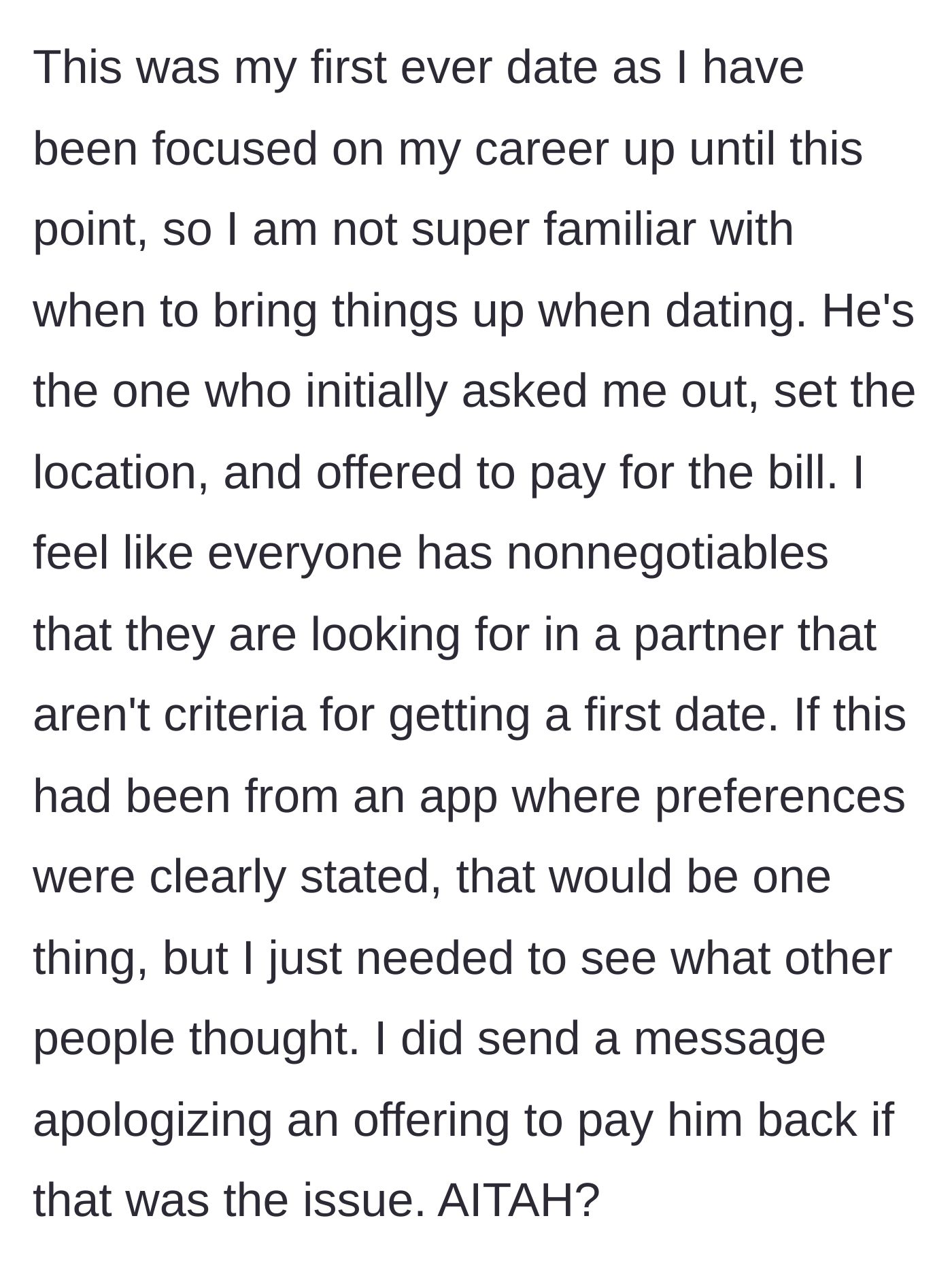 Story part 5 - The young woman doubts herself, wondering if she missed an unspoken dating rule, and offers to reimburse him out of guilt.