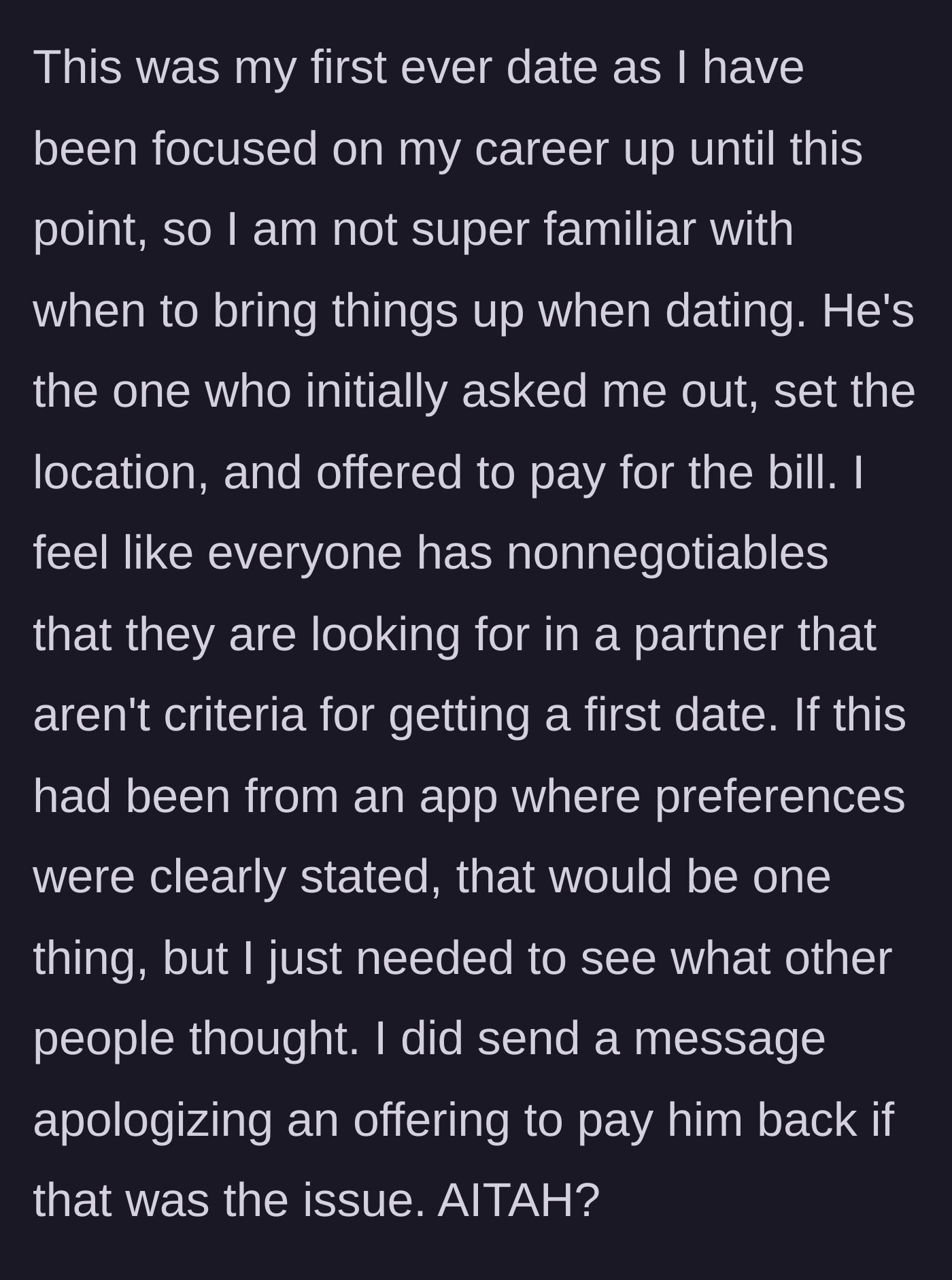 Story part 5 - The young woman doubts herself, wondering if she missed an unspoken dating rule, and offers to reimburse him out of guilt.
